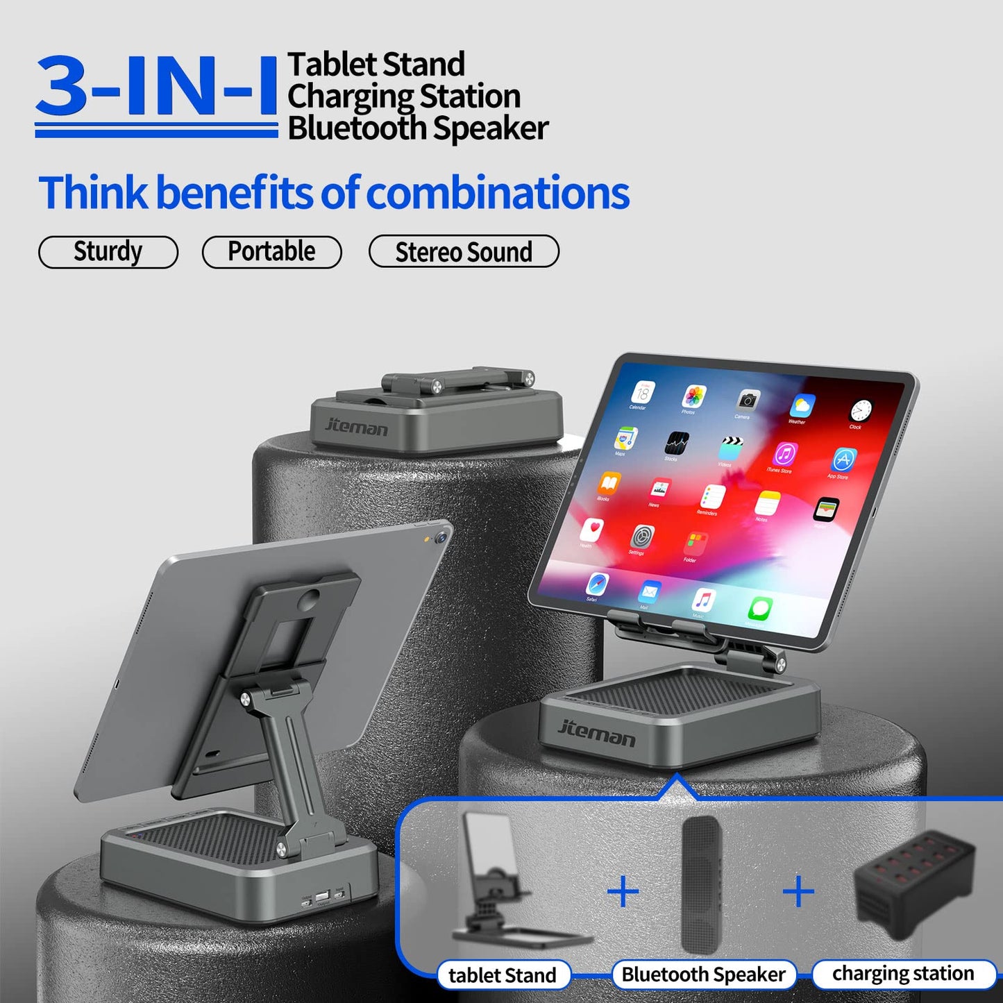 JTEMAN Tablet Stand Adjustable with Bluetooth Speakers,Kitchen Gadgets,Gifts for Women Men,Wireless Bluetooth Speaker Tablet Holder,Desk Mic Charging Sation Compatible with Phones and Tablet