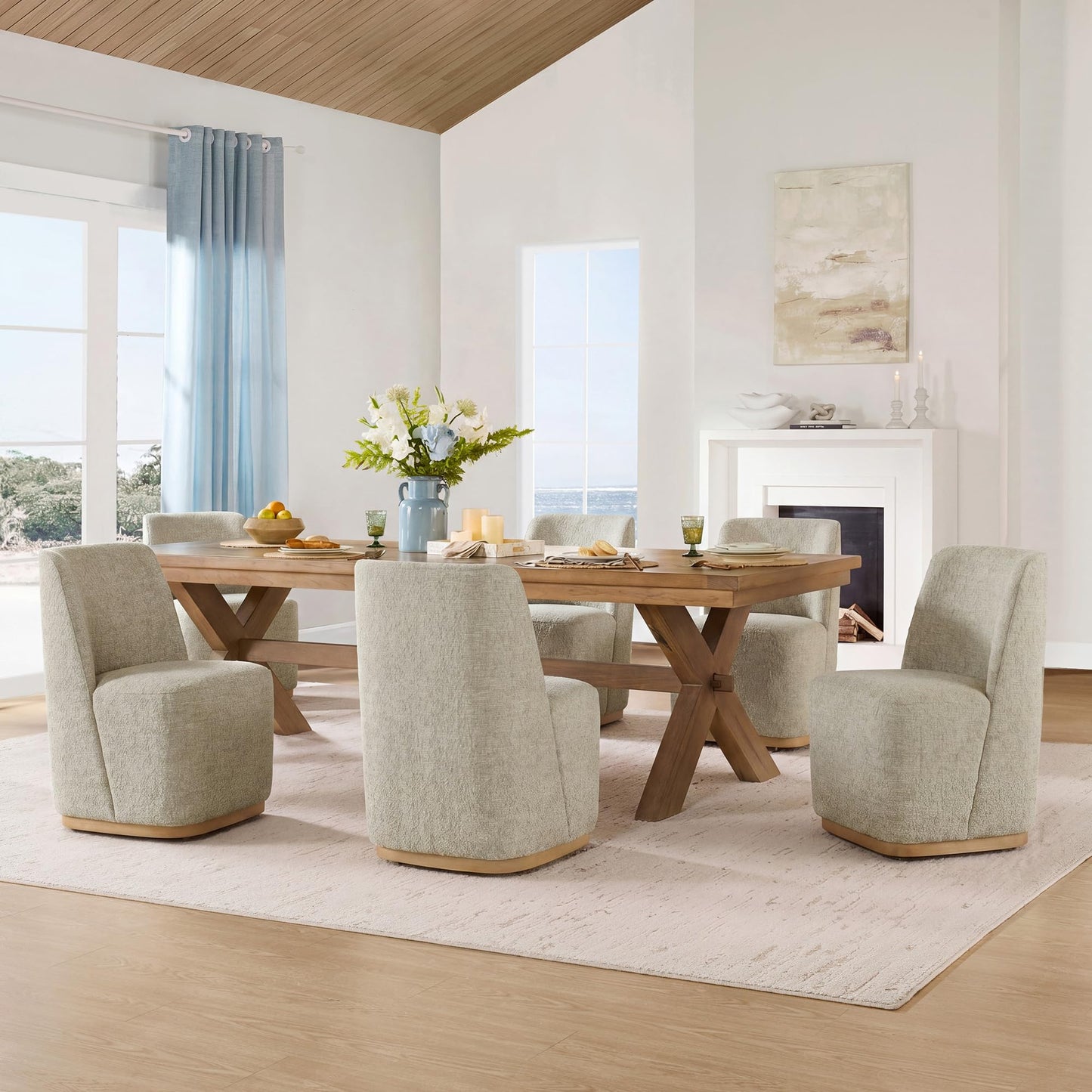 CHITA Upholstered Rolling Dining Chair with Casters Set of 2, Oatmeal | FSC Certified Modern Fabric Dining Chair with Casters, Boucle Dining Chairs for Reading Room Kitchen Dining Room