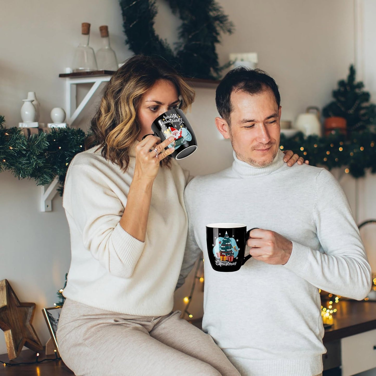 Hiceeden Set of 6 Large Christmas Coffee Mugs, 17 Oz Ceramic Santa Mugs Holiday Funny Novelty Mugs Snowman Christmas Tree for Aldult, Child, Gift, Beverage, Milk, Black