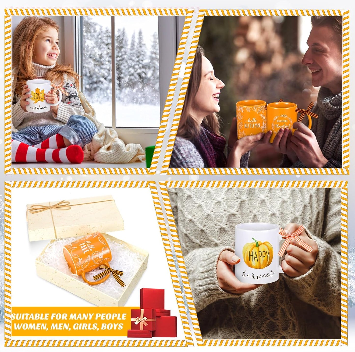 Lallisa 6 Pcs Fall Thanksgiving Ceramic Coffee Mugs Set 11 oz Cup Hello Pumpkin Harvest Maple Leaf Farmhouse Autumn Decorations for Home Kitchen Gift