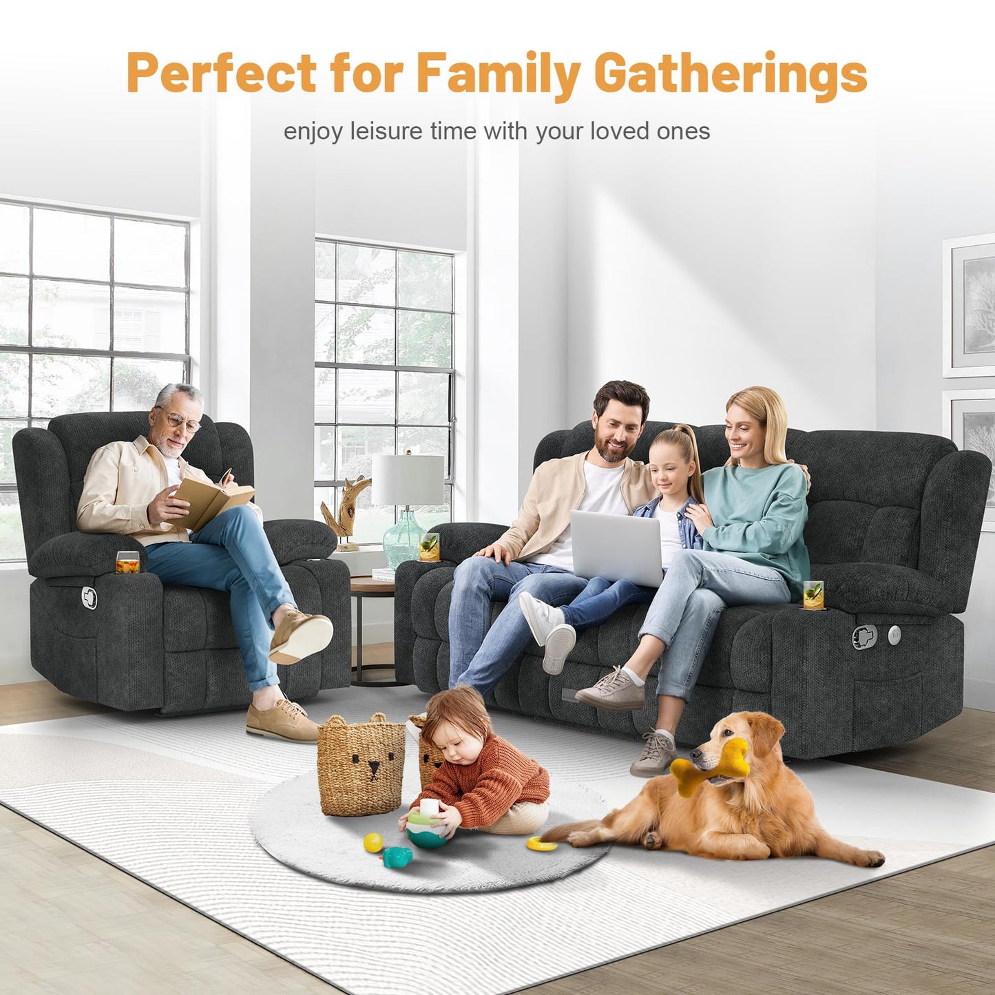 Loveseat Recliner Sofa, Flip Middle Backrest Design 3 Seat Reclining Sofa with Storage Drawer, USB Ports & Cup Holders, Manual Couch for Living Room/RV (Gray)