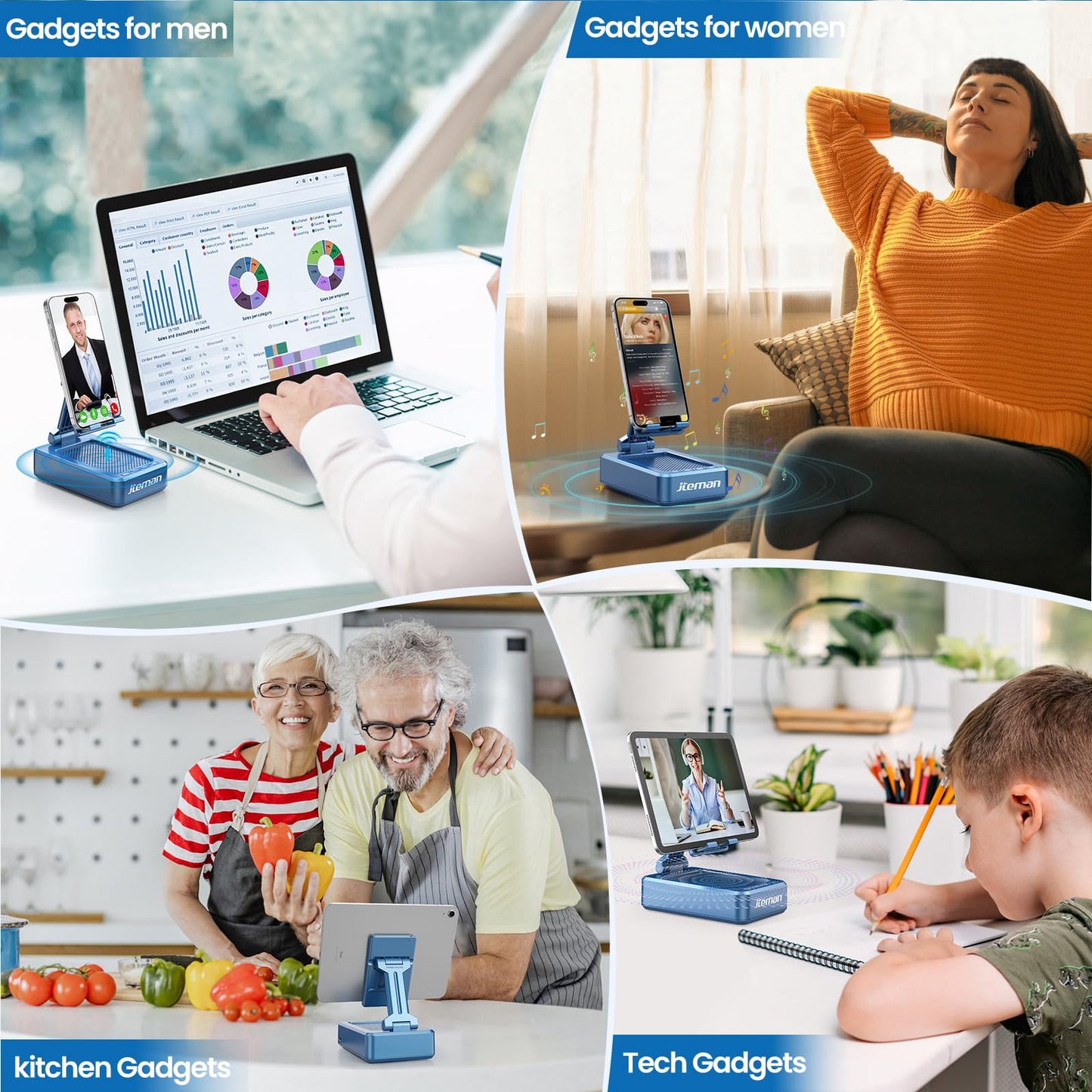 JTEMAN Tablet Stand Adjustable with Bluetooth Speakers,Kitchen Gadgets,Gifts for Women Men,Wireless Bluetooth Speaker Tablet Holder,Desk Mic Charging Sation Compatible with Phones and Tablet