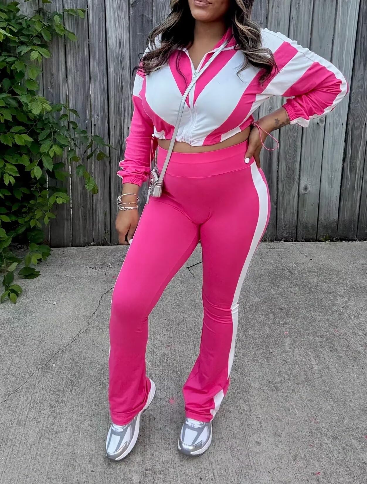 Remelon Womens 2 Piece Sweatsuits Color Block Long Sleeve Zipper Cropped Jacket Legging Pants Set Tracksuit Jogger Outfits