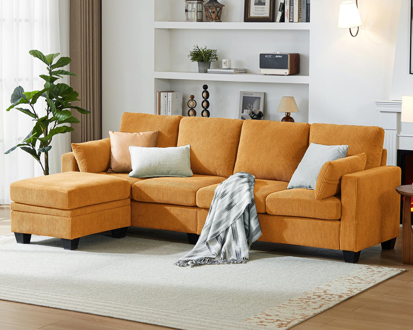 CHIC HOUSE Corduroy Modular Sectional Couch with Ottoman Chaise, L Shaped 4-seat Sofa for Living Room, Apartment, Lounge, Modern Armrest Neck Support Furniture