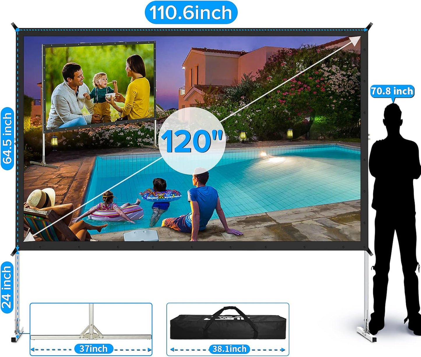 Projector Screen and Stand,JWSIT 135 inch Outdoor Movie Screen-Upgraded 3 Layers PVC 16:9 Outdoor Projector Screen,Portable Video Projection Screen with Carrying Bag for Home Theater Backyard