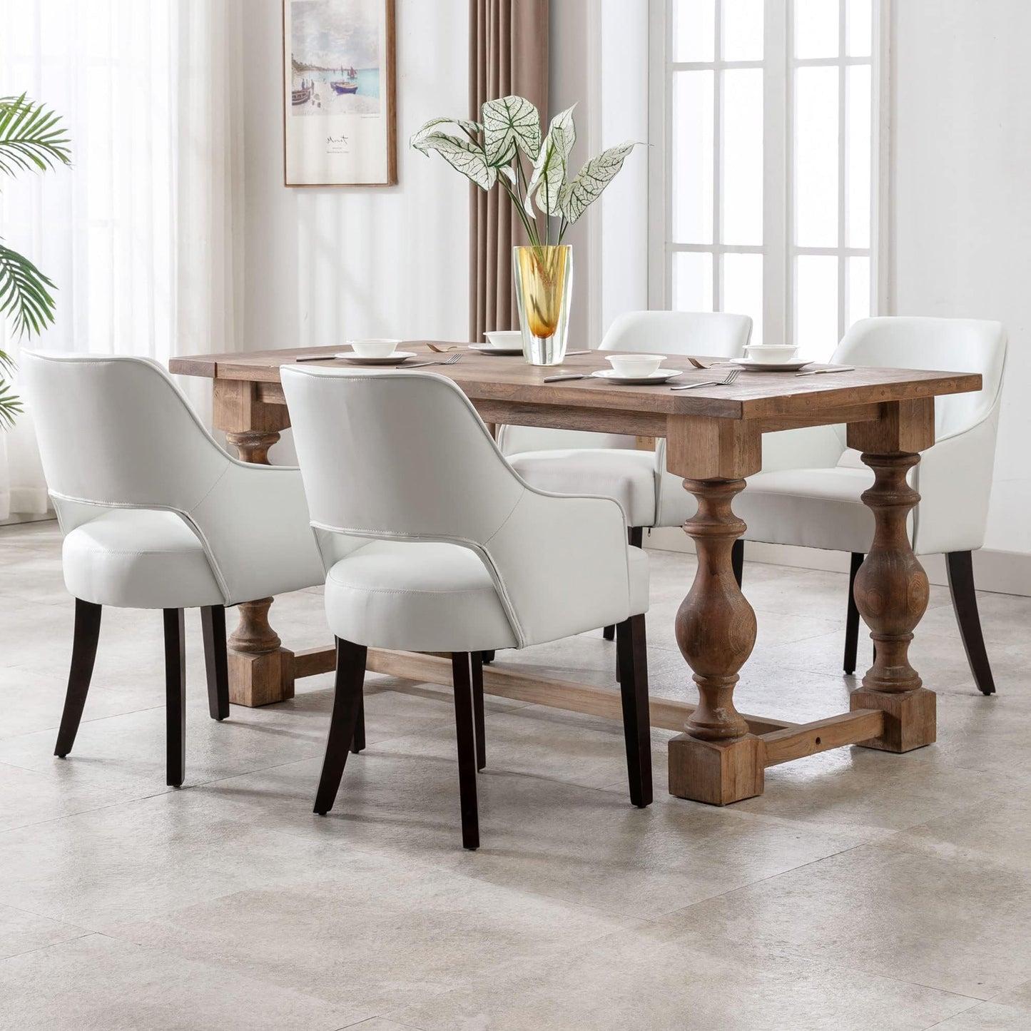 Linen Dining Chairs Set of 4 Upholstered Accent Chairs Side Chair with Wood Legs for Living Room/Dining Room/Bedroom/Restaurant, Cream