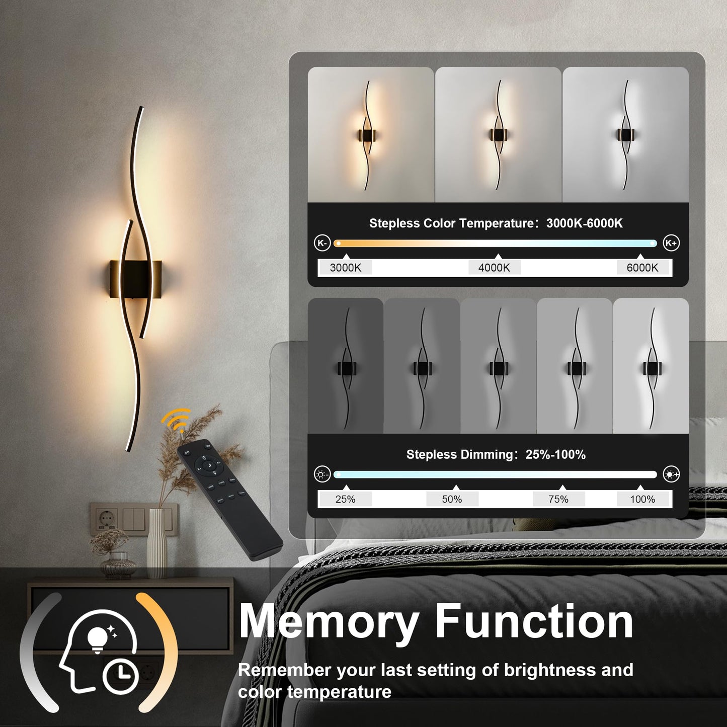 Battery Operated Wall Sconces Set of Two with Remote Control, Dimmable/3 Color/Night-Light/Timer/Memory, Black Modern Wireless LED Sconce for Living Room, Hallway, Bedroom, 39.3 Inch (2 Pack)