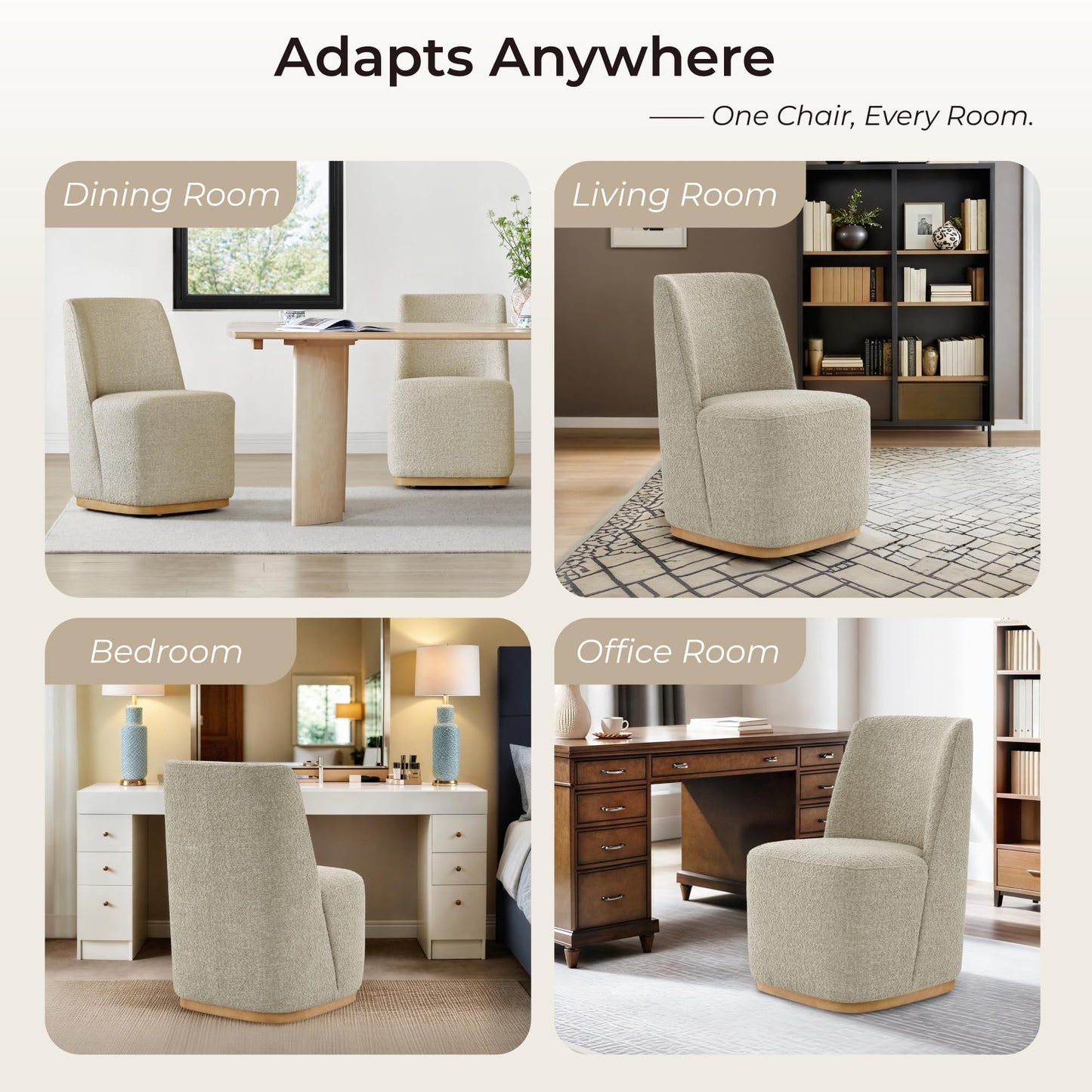 CHITA Upholstered Rolling Dining Chair on Casters Set of 4, FSC Certified Modern Fabric Dining Chair with Casters, Boucle Dining Chairs for Reading Room Waiting Room Kitchen Dining Room, Oatmeal