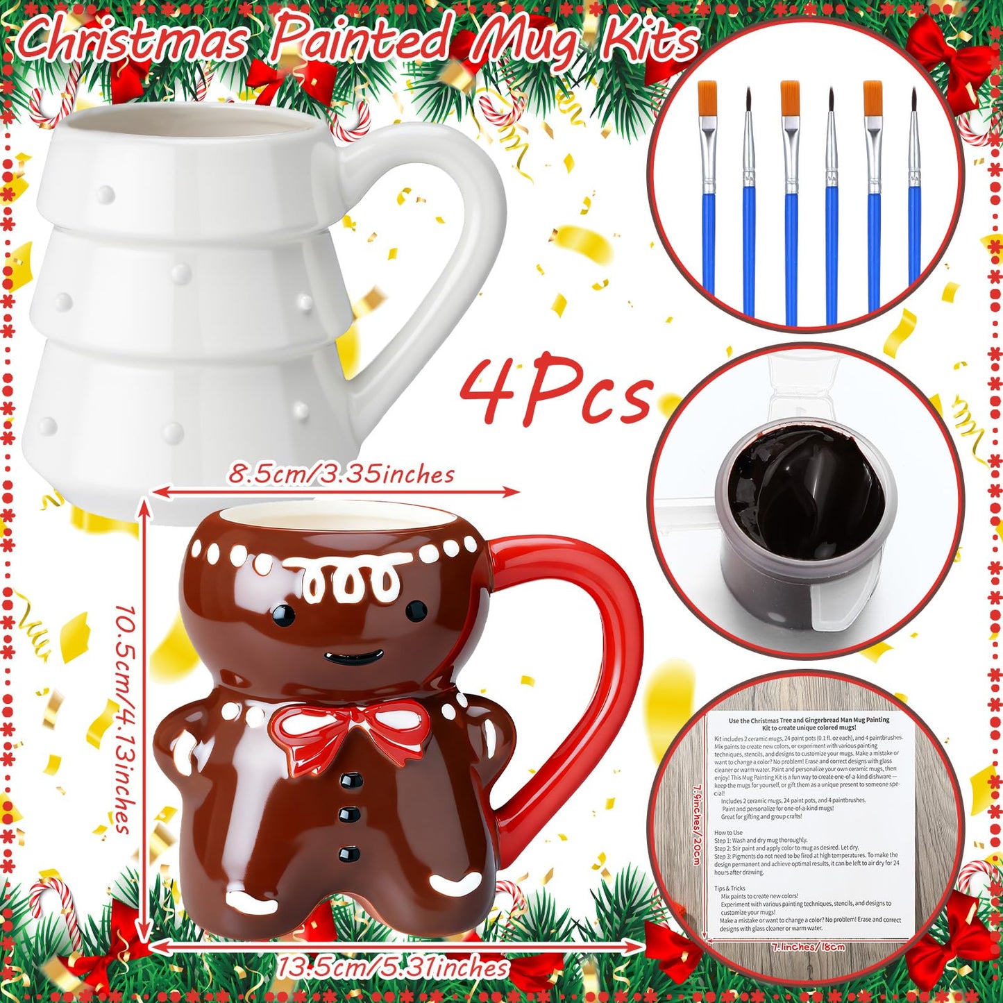 Vesici 4 Sets Paint Your Own Christmas Mugs Kits with 12 Color Paints Brush Instruction Manual Ceramic Gingerbread Man Christmas Tree Mugs Xmas DIY Painted Cup Winter Holiday Gift Art Favor