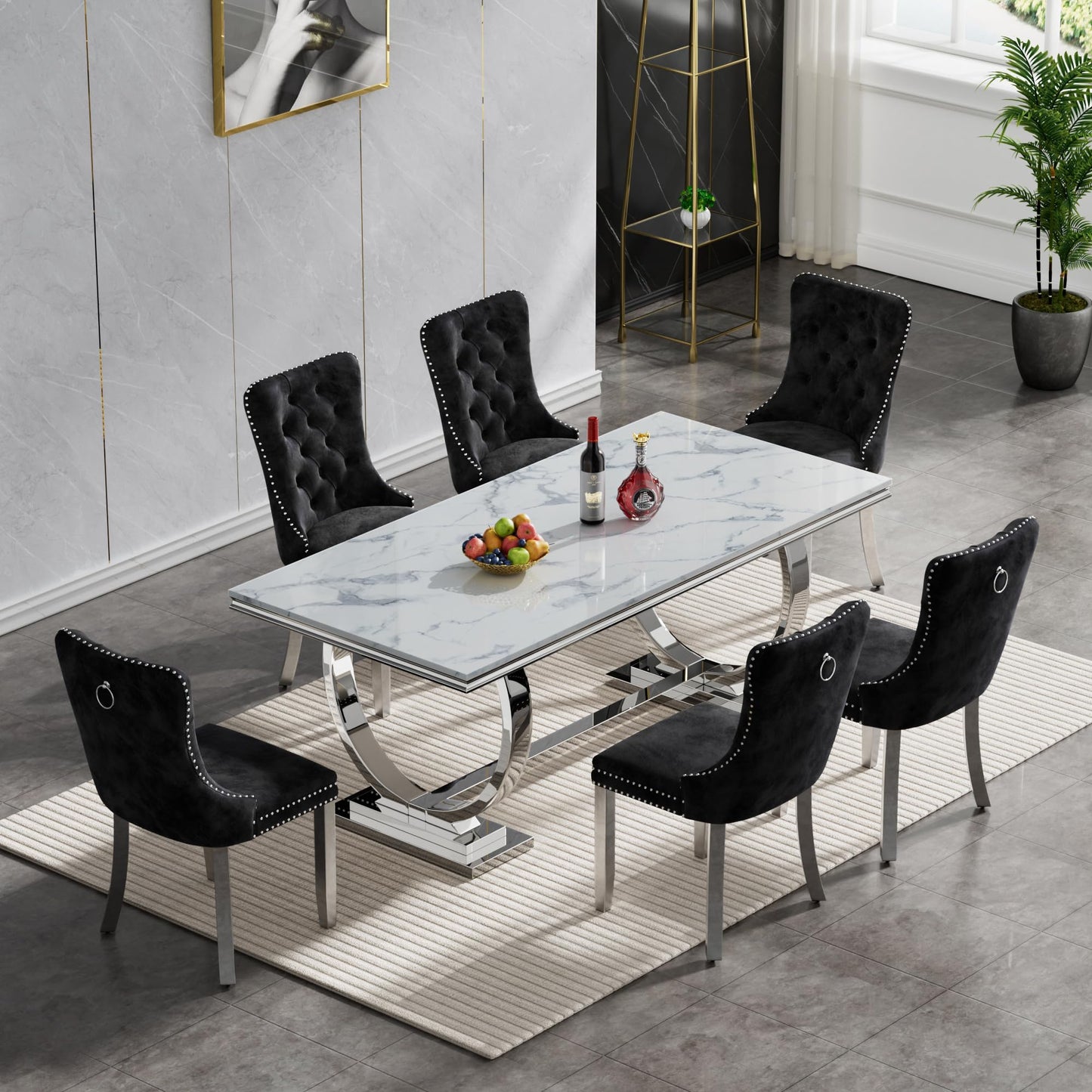 HomVent 70" Faux Marble Dining Table Set for 6, Rectangular Marble Top Kitchen Table Set, Kitchen & Dining Room Sets, Dining Table and Dining Chair