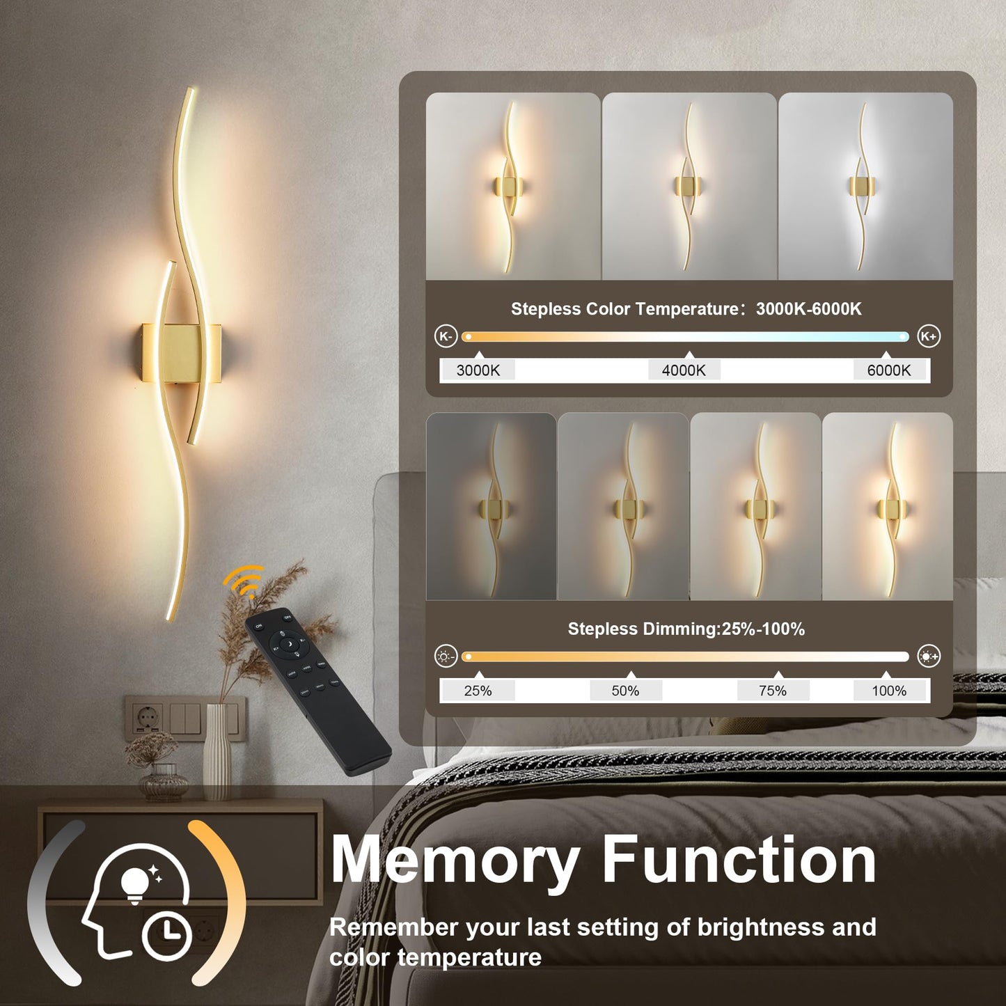 Battery Operated Wall Sconces Set of Two with Remote Control, Dimmable/3 Color/Night-Light/Timer/Memory, Black Modern Wireless LED Sconce for Living Room, Hallway, Bedroom, 39.3 Inch (2 Pack)