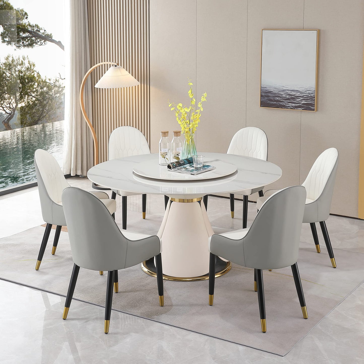 59" Round Dining Table Set for 8 with Lazy Susan Modern Sintered Stone 9 Pieces Dining Room Table Set with 8 Chairs and 31.5" Round Turntable