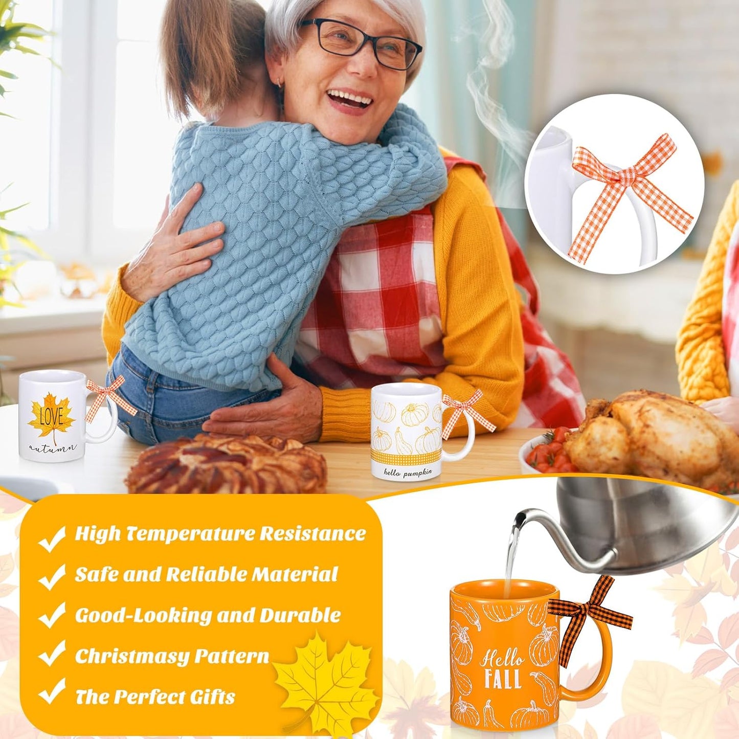 Lallisa 6 Pcs Fall Thanksgiving Ceramic Coffee Mugs Set 11 oz Cup Hello Pumpkin Harvest Maple Leaf Farmhouse Autumn Decorations for Home Kitchen Gift