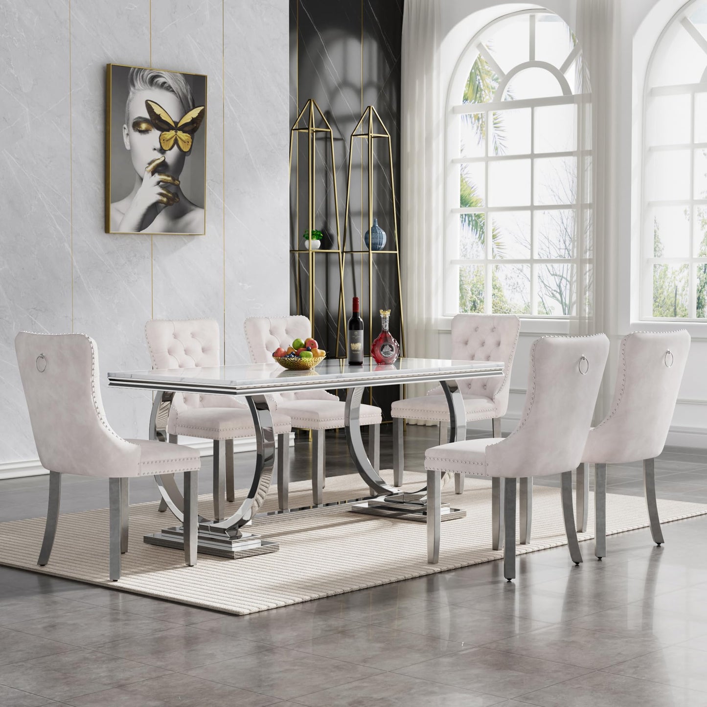 HomVent 70" Faux Marble Dining Table Set for 6, Rectangular Marble Top Kitchen Table Set, Kitchen & Dining Room Sets, Dining Table and Dining Chair