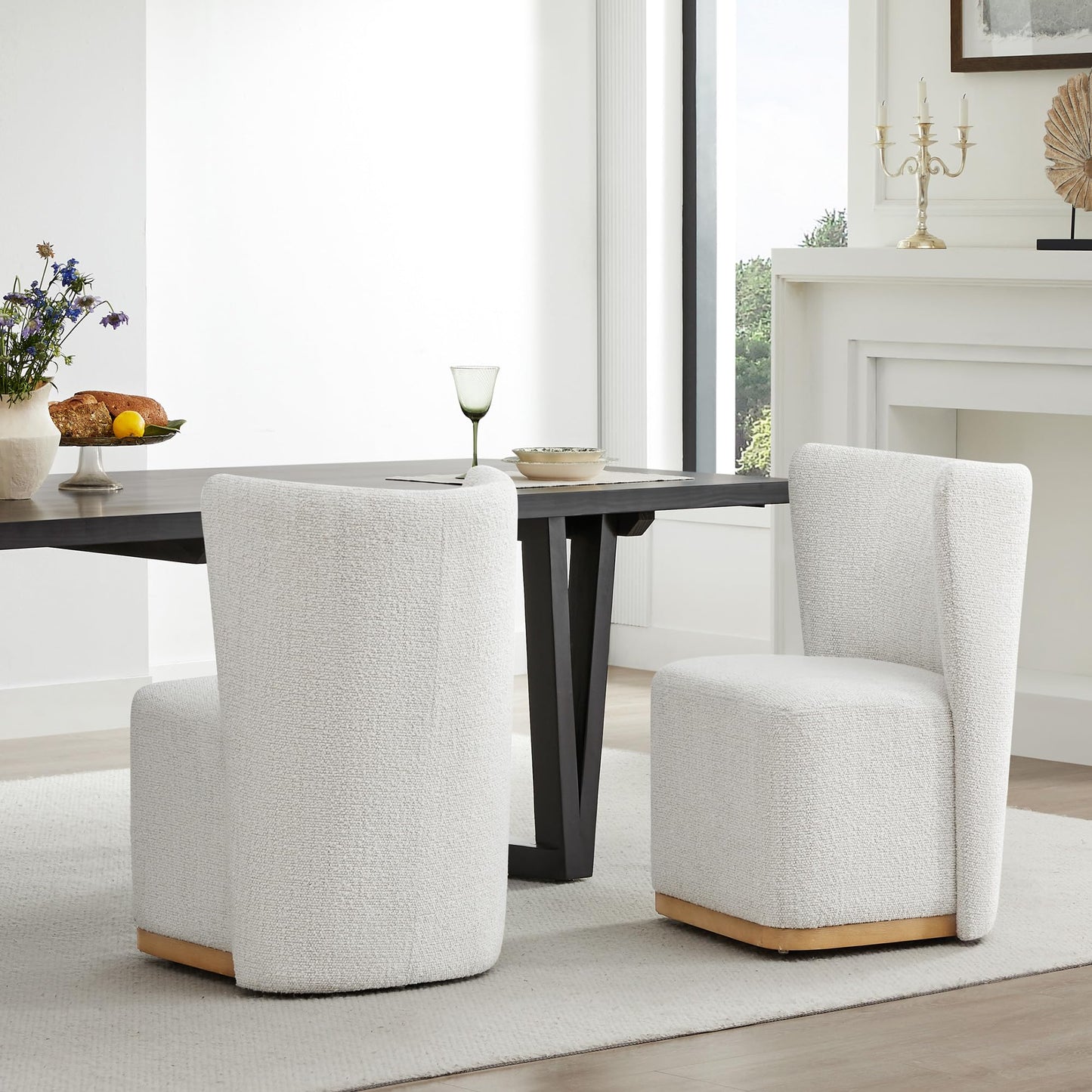 CHITA Upholstered Rolling Dining Chair on Casters Set of 4, FSC Certified Modern Fabric Dining Chair with Casters, Boucle Dining Chairs for Reading Room Waiting Room Kitchen Dining Room, Oatmeal