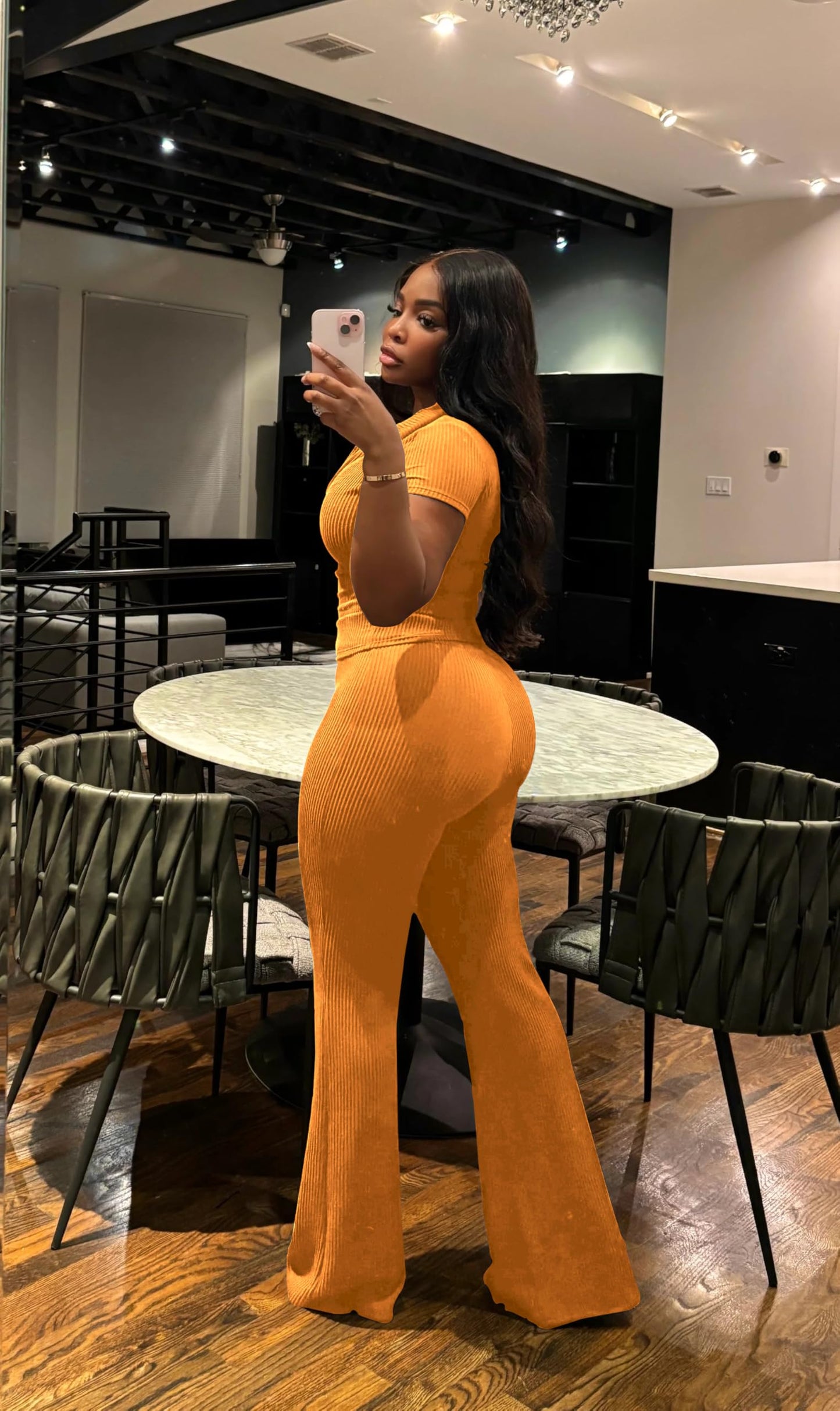 HBQ Women Two Piece Outfit Ribbed Short Sleeve V Neck Polo Top and Flare Pants Casual Lounge Sets Tracksuit