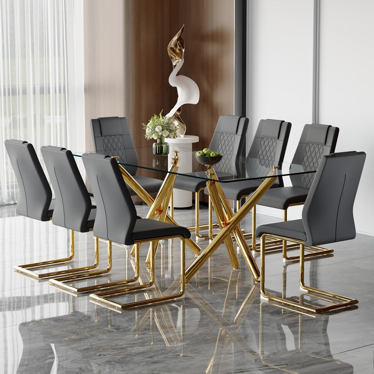 AZmac Modern Dining Table Set for 8 with Gold Metal Frame, 9-Piece Glass Dining Table with PU High Back Chairs for Kitchen Dining Room, Glass Table and 8 White Chairs