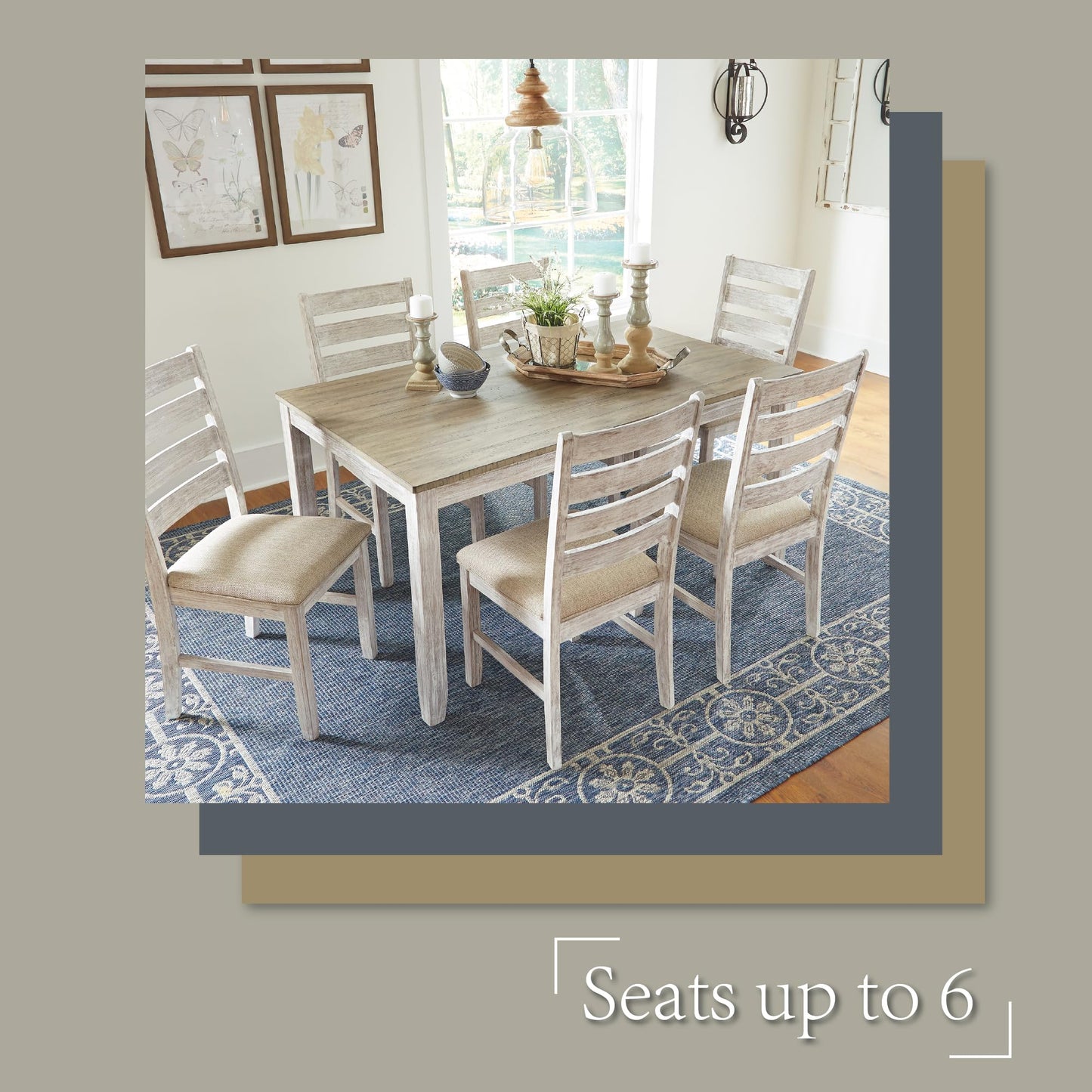 Signature Design by Ashley Skempton Cottage Dining Room Table Set with 6 Upholstered Chairs, Whitewash