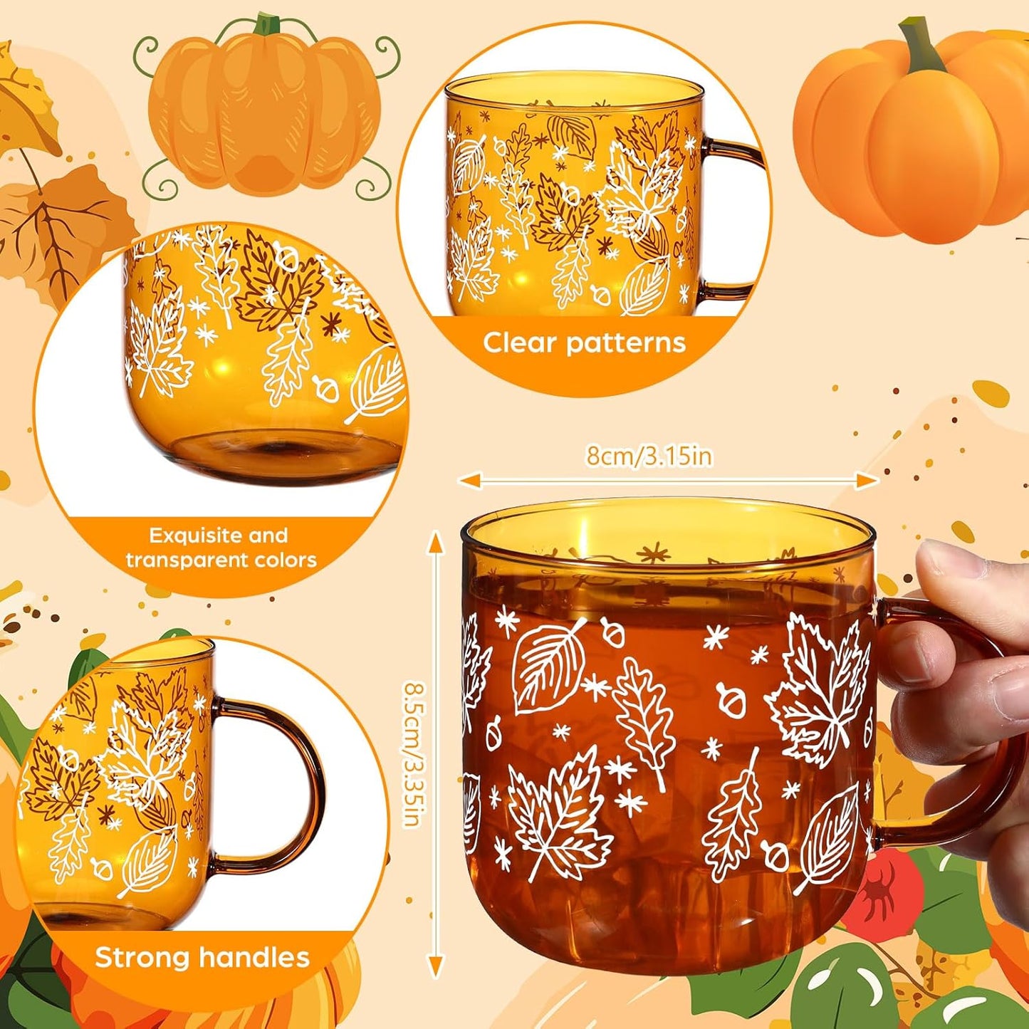 Meanplan 4 Pcs Fall Maple Leaf Mugs with Handle 12oz Amber Coffee Mugs Fall Espresso Glass Cups Amber Thanksgiving Cups for Thanksgiving Autumn Harvest Party Supplies