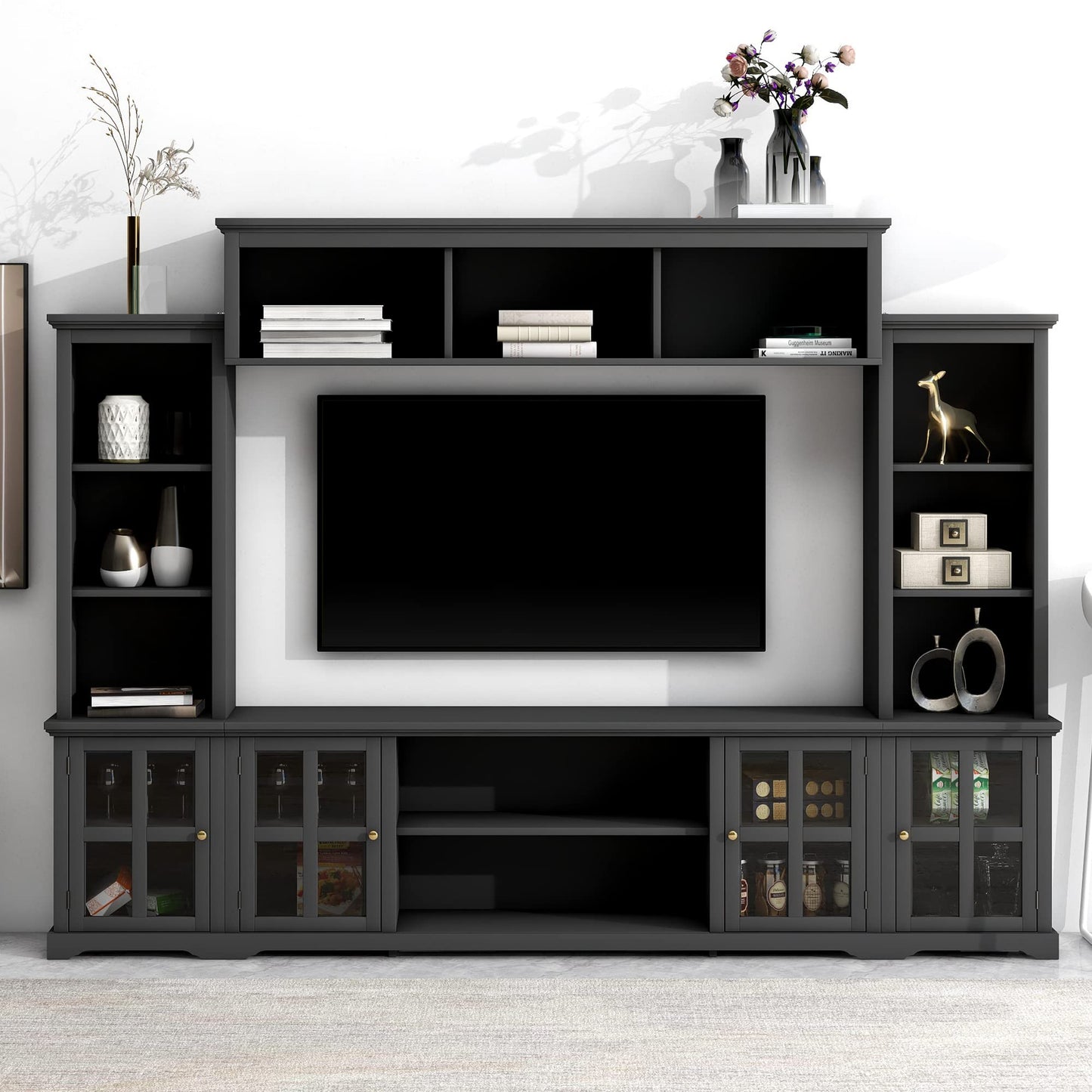 103" Minimalist Entertainment Center Wall Unit Set with Bridge for TVs Up to 75'',Ample Storage Space TV Stand W/Adjustable Shelves,Modernist Large Media Console for Living Room,White