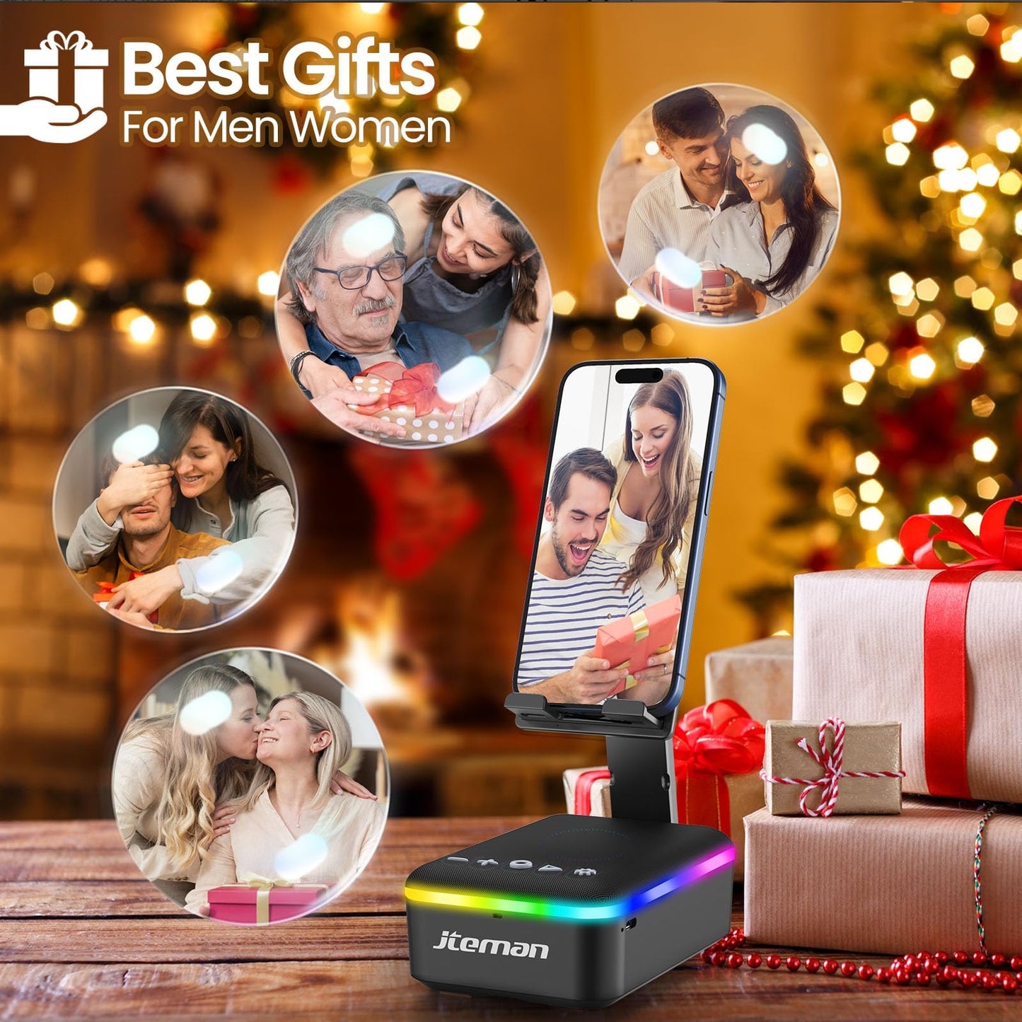 JTEMAN Gifts for Men Women,Cell Phone Stand with Bluetooth Speaker and LED Light,Cool Tech Gadgets,Unique Birthday Gifts for Men Husband Mom Dad-Pink