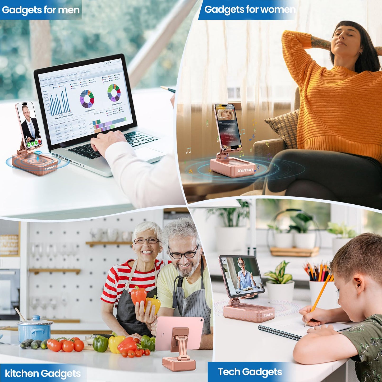 JTEMAN Tablet Stand Adjustable with Bluetooth Speakers,Kitchen Gadgets,Gifts for Women Men,Wireless Bluetooth Speaker Tablet Holder,Desk Mic Charging Sation Compatible with Phones and Tablet