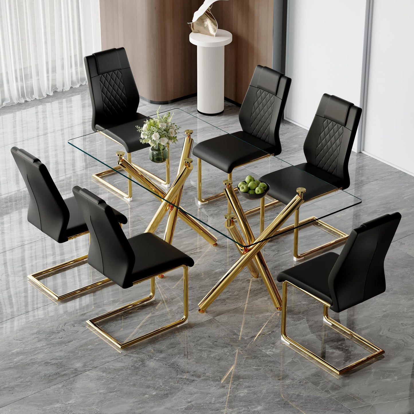 AZmac Modern Dining Table Set for 8 with Gold Metal Frame, 9-Piece Glass Dining Table with PU High Back Chairs for Kitchen Dining Room, Glass Table and 8 White Chairs