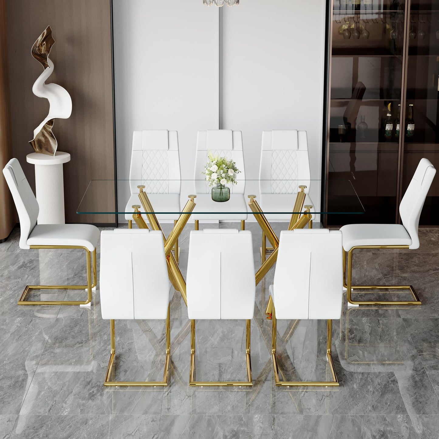 AZmac Modern Dining Table Set for 8 with Gold Metal Frame, 9-Piece Glass Dining Table with PU High Back Chairs for Kitchen Dining Room, Glass Table and 8 White Chairs
