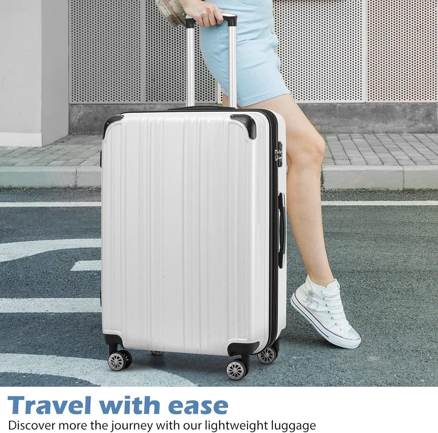 Coolife Luggage Expandable 5 Piece Sets PC+ABS Spinner Suitcase 20 inch 24 inch 28 inch (white grid new)