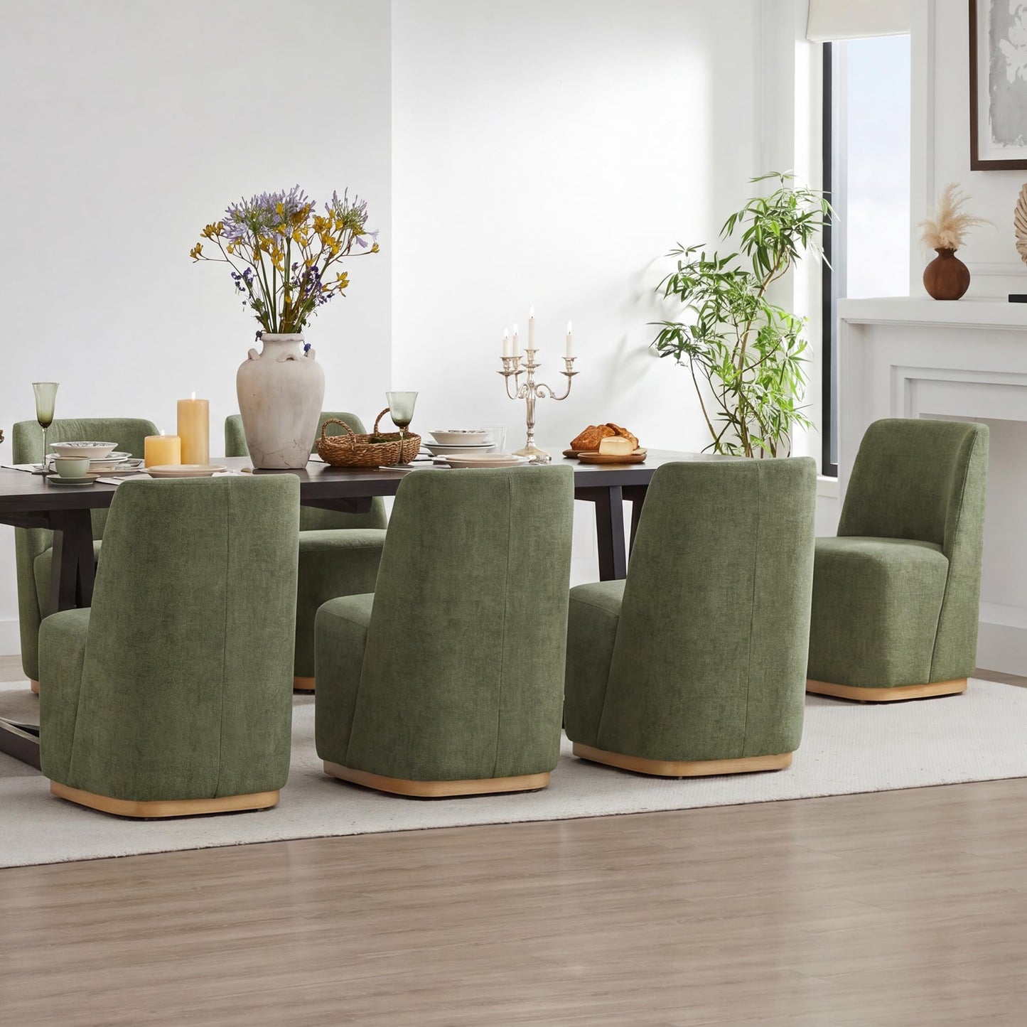 CHITA Upholstered Rolling Dining Chair with Casters Set of 2, Oatmeal | FSC Certified Modern Fabric Dining Chair with Casters, Boucle Dining Chairs for Reading Room Kitchen Dining Room