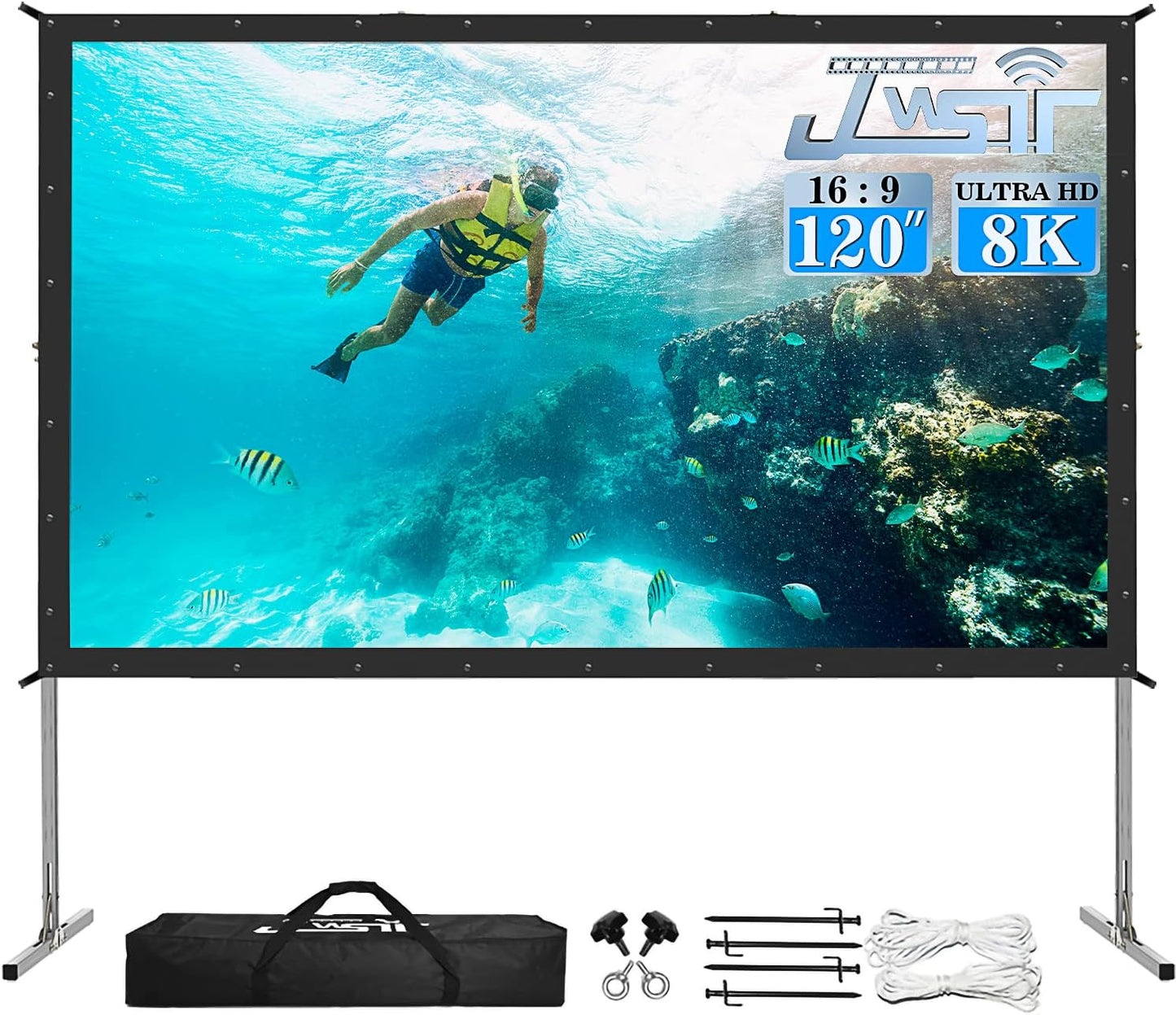 Projector Screen and Stand,JWSIT 135 inch Outdoor Movie Screen-Upgraded 3 Layers PVC 16:9 Outdoor Projector Screen,Portable Video Projection Screen with Carrying Bag for Home Theater Backyard