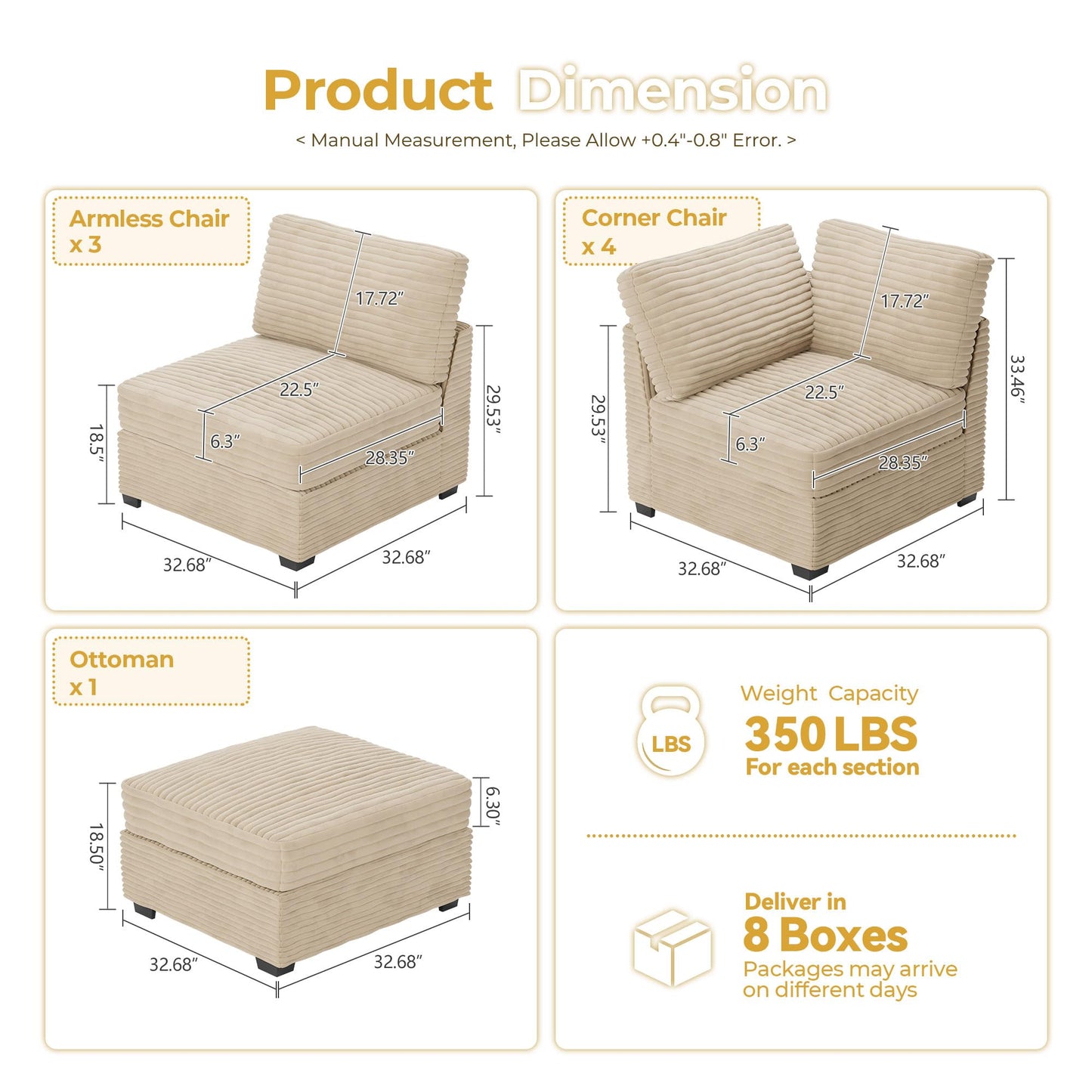 HOOOWOOO Modular Sectional Sofa,5 Pieces Sectional Couches for Living Room,98X98 L Shaped Cloud Couch Set(Grey Velvet Corduroy)