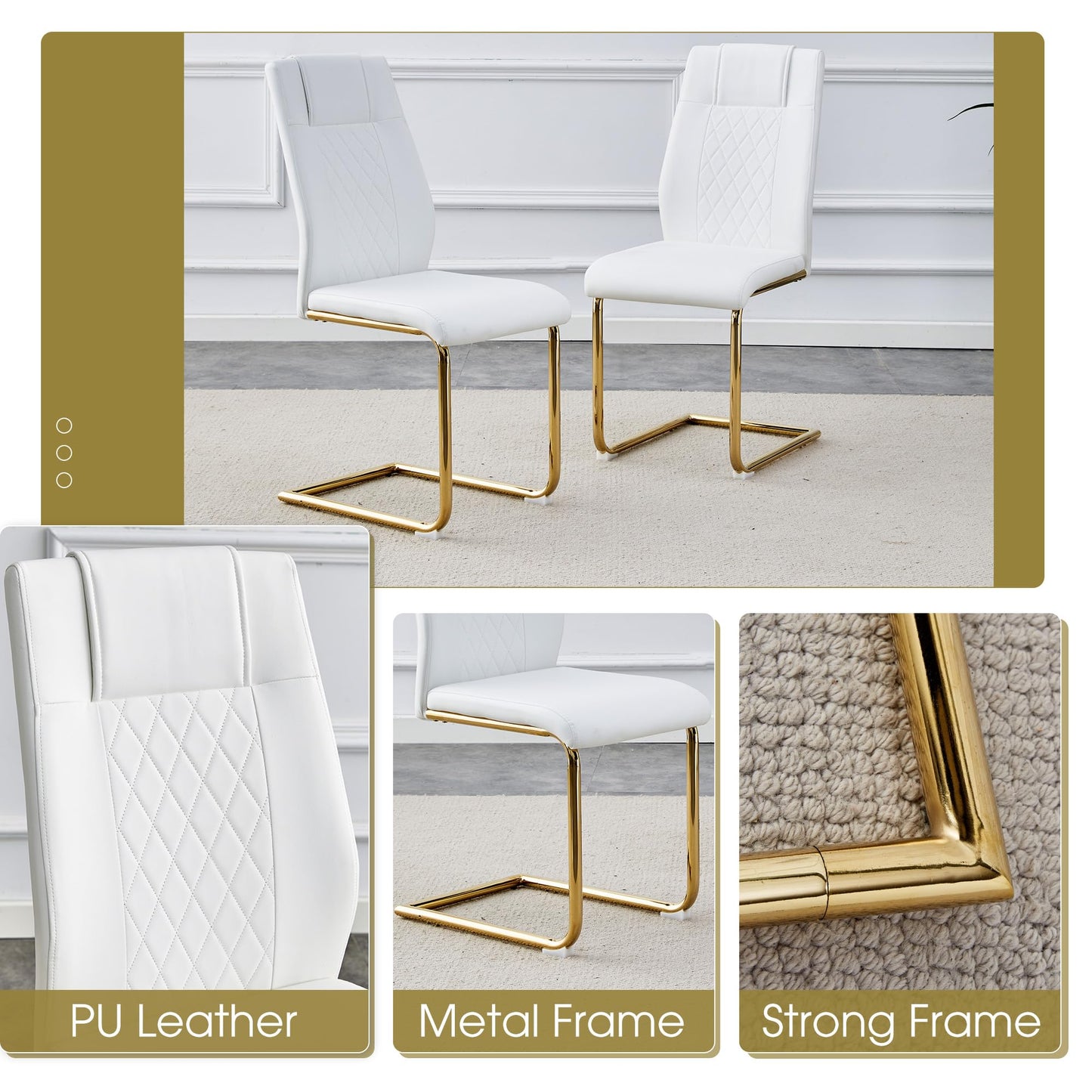 AZmac Modern Dining Table Set for 8 with Gold Metal Frame, 9-Piece Glass Dining Table with PU High Back Chairs for Kitchen Dining Room, Glass Table and 8 White Chairs