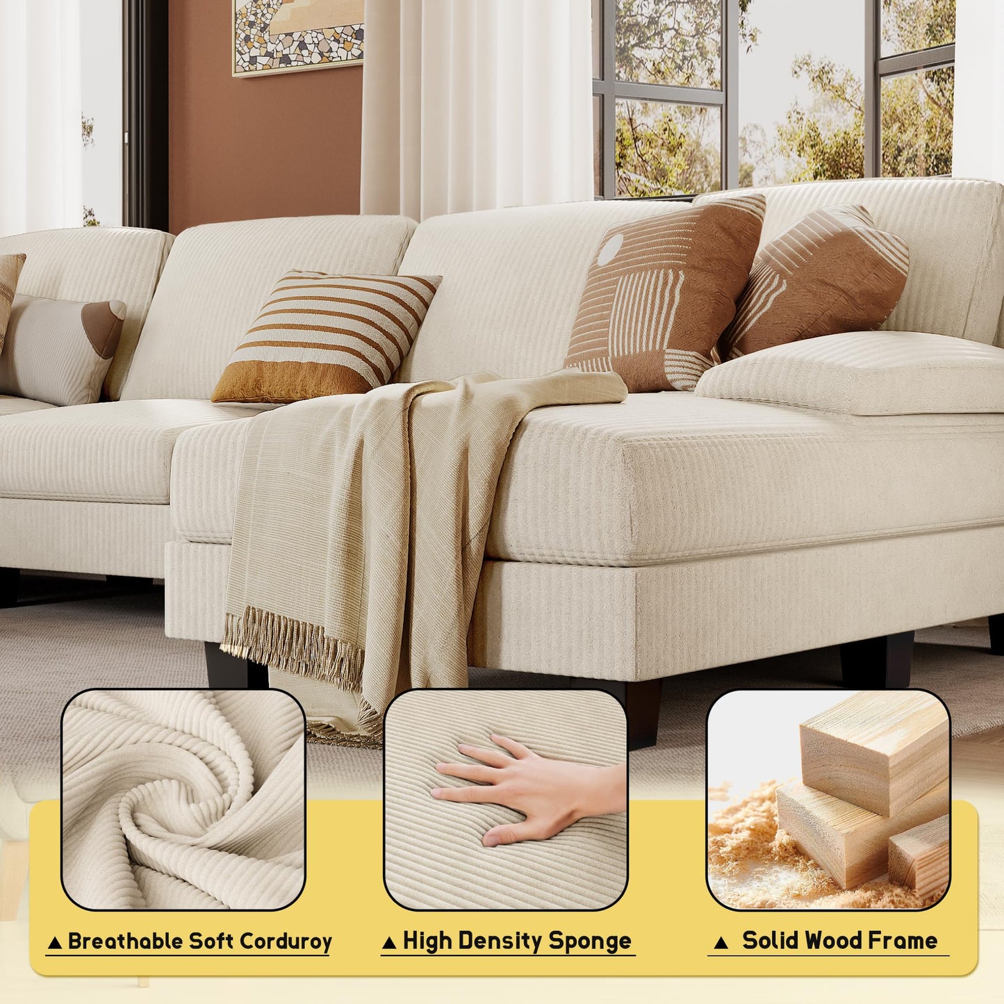 JUMMICO Sectional Couches for Living Room, U Shaped Couch with Chenille Fabric, 4 Seat Modern Sofa with Removable Pillows for Apartment and Small Space (Corduroy, Beige)