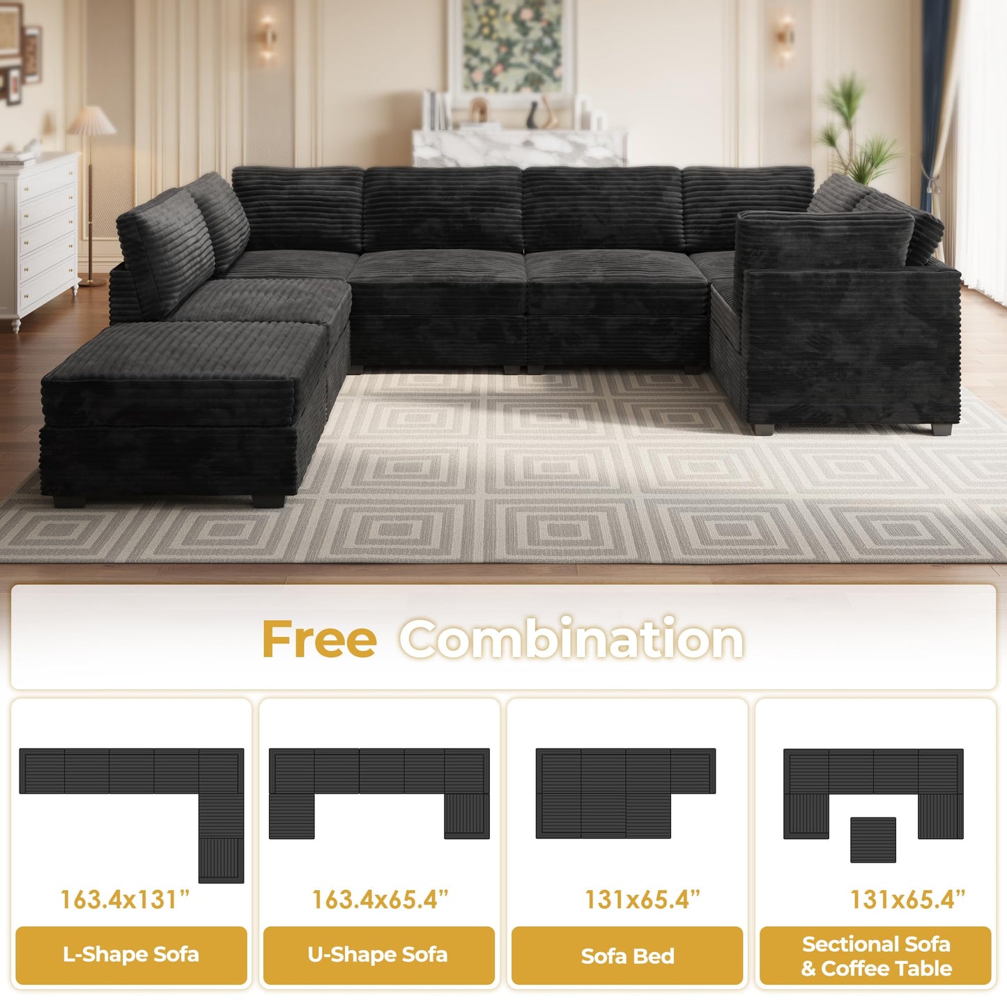 HOOOWOOO Modular Sectional Sofa,5 Pieces Sectional Couches for Living Room,98X98 L Shaped Cloud Couch Set(Grey Velvet Corduroy)