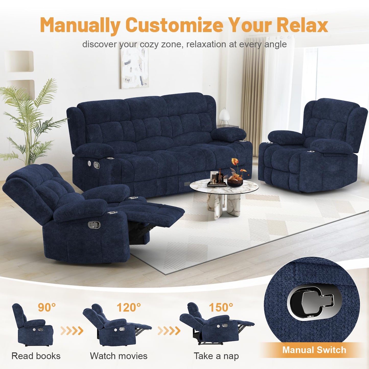 Loveseat Recliner Sofa, Flip Middle Backrest Design 3 Seat Reclining Sofa with Storage Drawer, USB Ports & Cup Holders, Manual Couch for Living Room/RV (Gray)