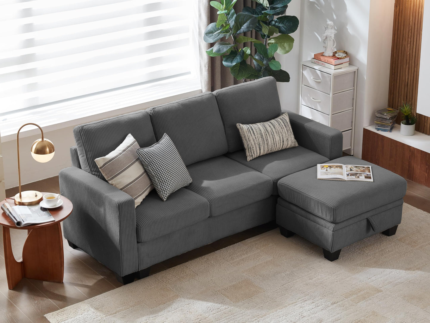 CHIC HOUSE Corduroy Modular Sectional Couch with Ottoman Chaise, L Shaped 4-seat Sofa for Living Room, Apartment, Lounge, Modern Armrest Neck Support Furniture