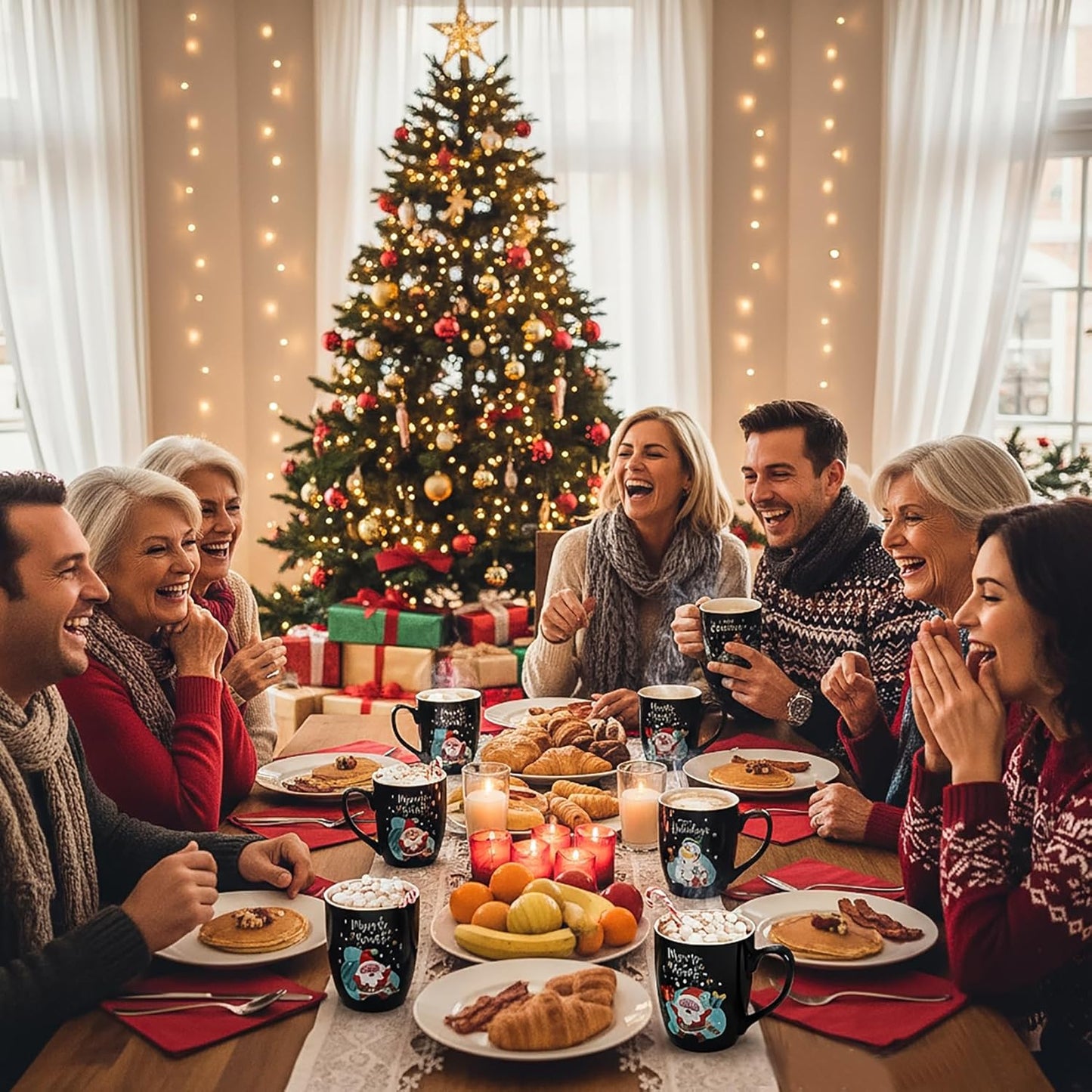 Hiceeden Set of 6 Large Christmas Coffee Mugs, 17 Oz Ceramic Santa Mugs Holiday Funny Novelty Mugs Snowman Christmas Tree for Aldult, Child, Gift, Beverage, Milk, Black