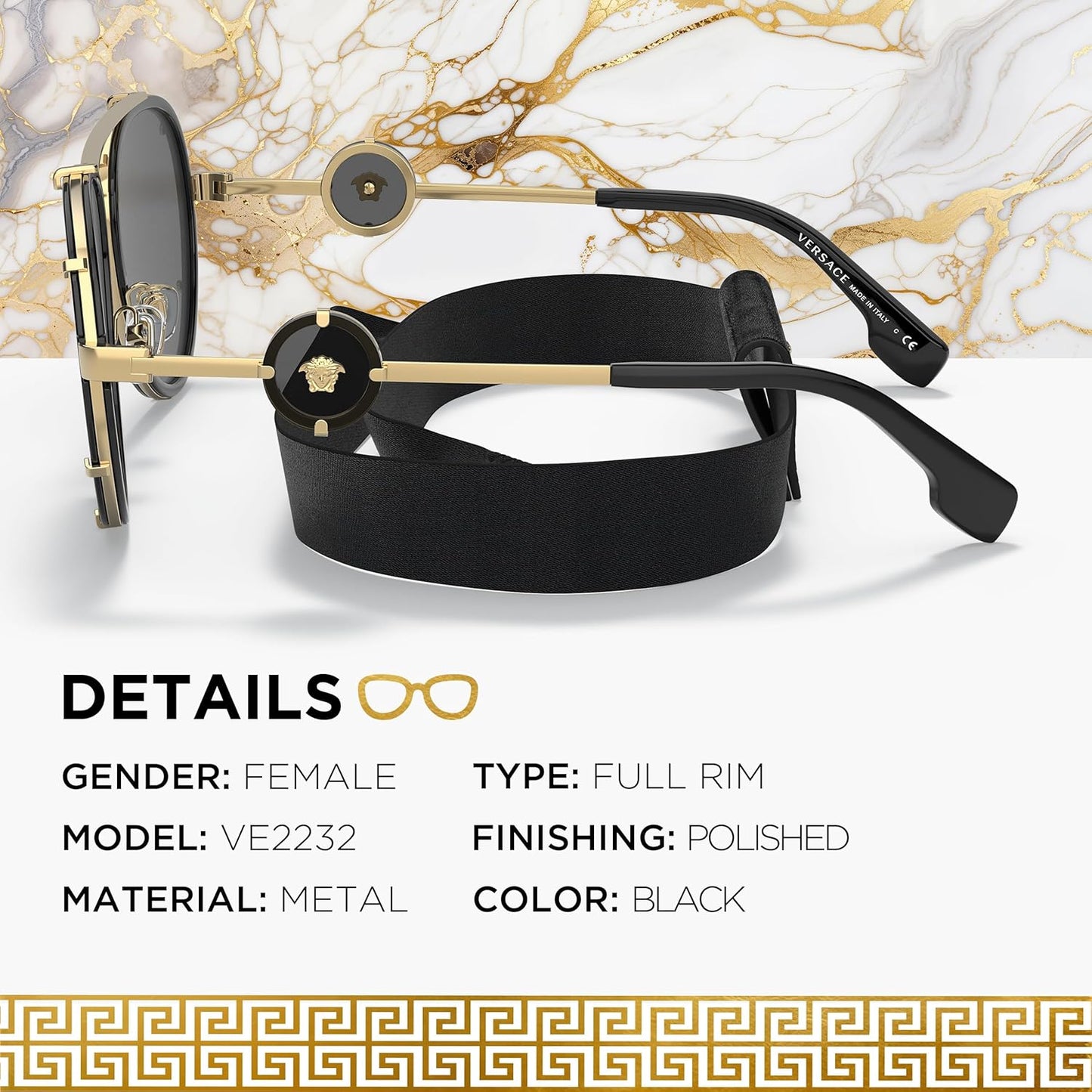 Versace VE2232 61mm Non-Polarized Aviator Sunglasses for Women – Black Metal Frame with Gold Temples, 100% UV Protection, Lightweight & Comfortable Sunglasses, eShades Eyewear Kit Included