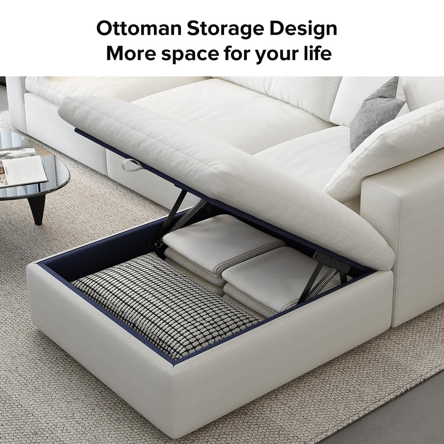 Cloud Modular Sectional Sofa with Storage Ottoman,120" L Shaped Sectional Couches for Living Room,Down Filled Comfort Minimalist Deep Sofa Couches for Office Apartment (White, 3 Seater+1 Ottoman)