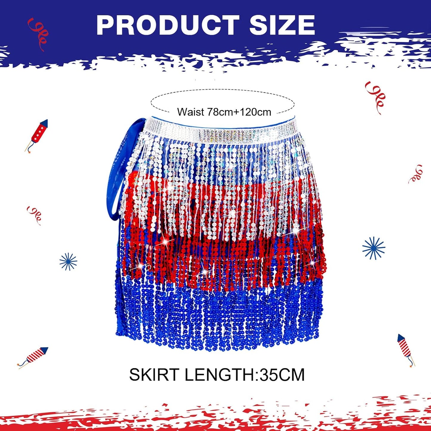 Mepase 2 Pcs 4th of July Skirt Patriotic Sequin Tassel Skirts Belly Dance Fringe Hip Scarf Boho Women's Wrap Rave Costume for Women Girls Performance Outfit Festival Carnival Party Favors Multicolor
