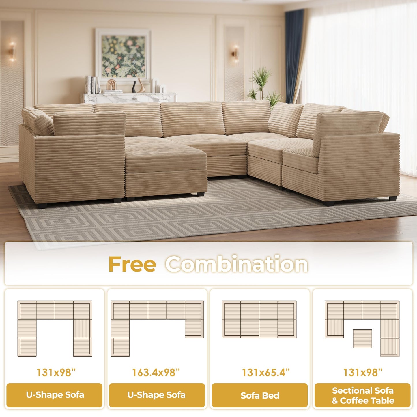 HOOOWOOO Modular Sectional Sofa,5 Pieces Sectional Couches for Living Room,98X98 L Shaped Cloud Couch Set(Grey Velvet Corduroy)