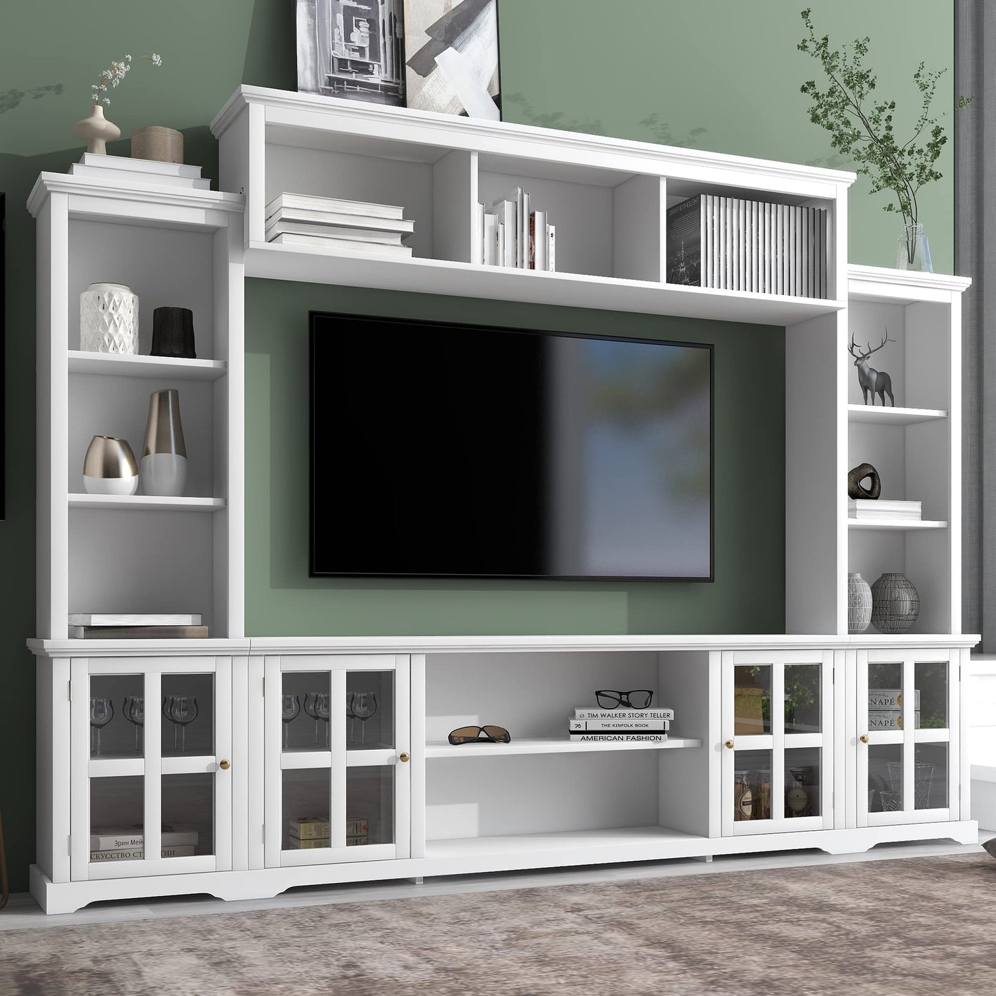 103" Minimalist Entertainment Center Wall Unit Set with Bridge for TVs Up to 75'',Ample Storage Space TV Stand W/Adjustable Shelves,Modernist Large Media Console for Living Room,White