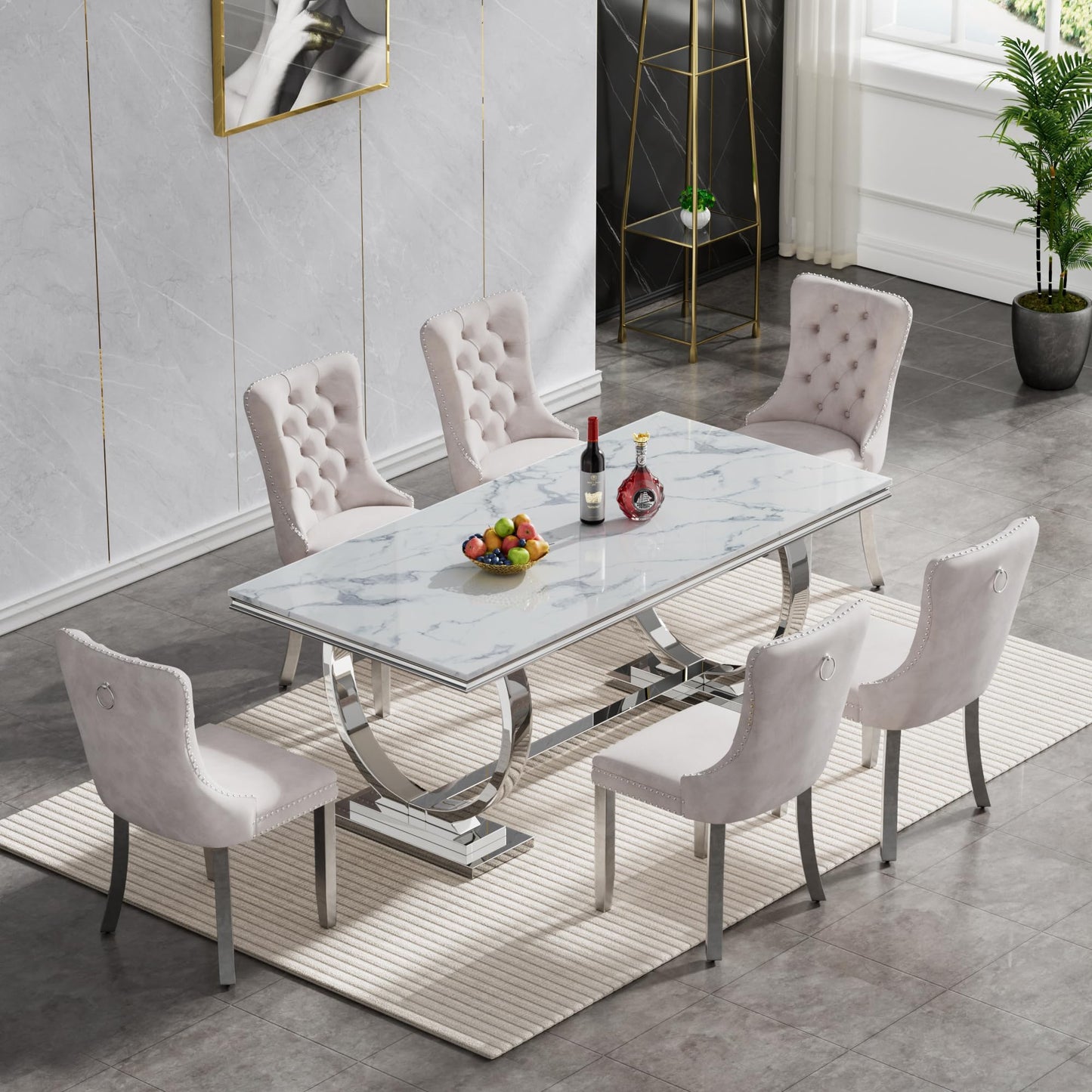 HomVent 70" Faux Marble Dining Table Set for 6, Rectangular Marble Top Kitchen Table Set, Kitchen & Dining Room Sets, Dining Table and Dining Chair