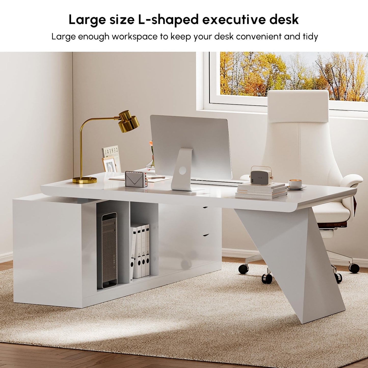 homary 70.9" Modern L-Shape Executive Desk, Home Office Desk with Drawers & Cabinet Modern Computer Desk for Home Business Furniture, Black, Right Hand