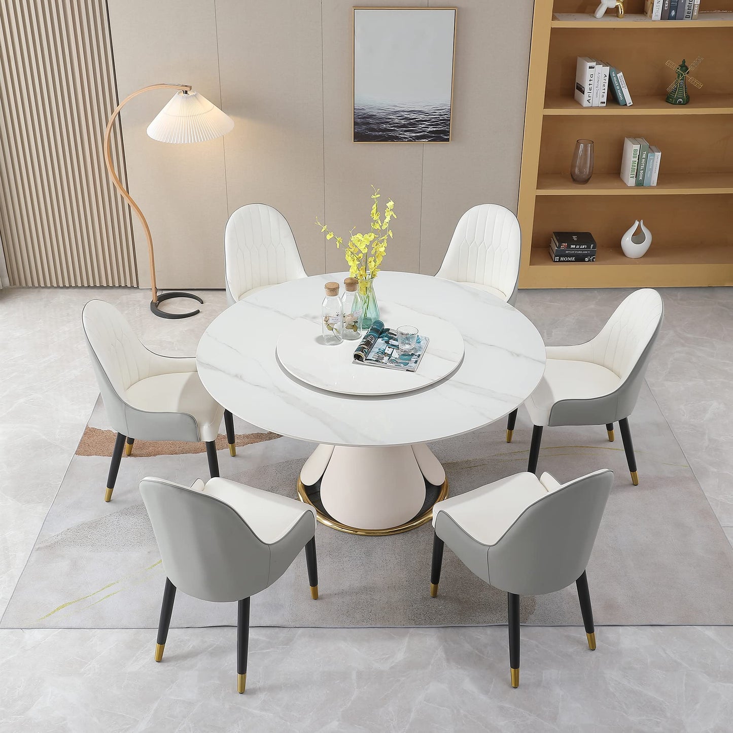 59" Round Dining Table Set for 8 with Lazy Susan Modern Sintered Stone 9 Pieces Dining Room Table Set with 8 Chairs and 31.5" Round Turntable