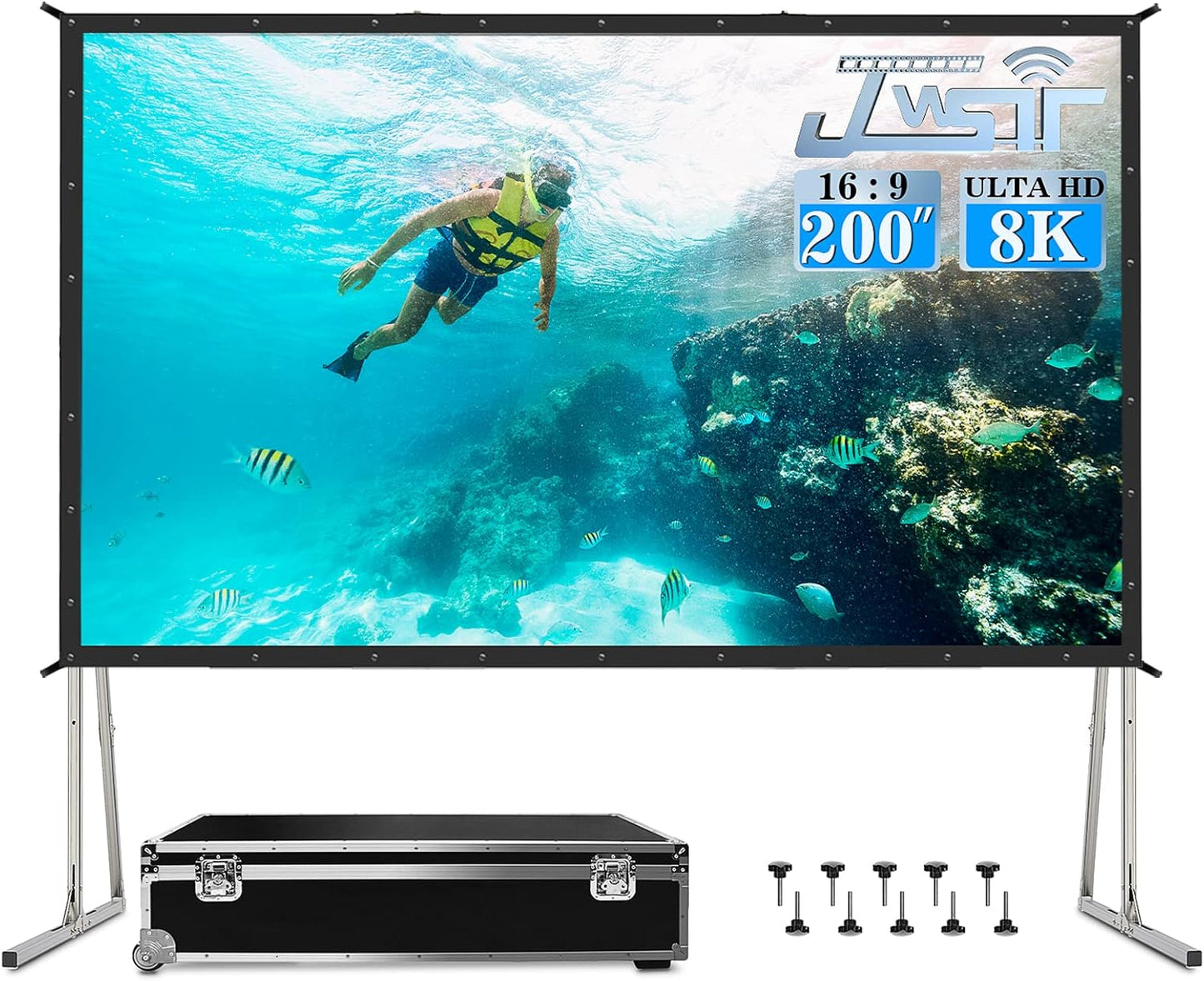 Projector Screen and Stand,JWSIT 135 inch Outdoor Movie Screen-Upgraded 3 Layers PVC 16:9 Outdoor Projector Screen,Portable Video Projection Screen with Carrying Bag for Home Theater Backyard