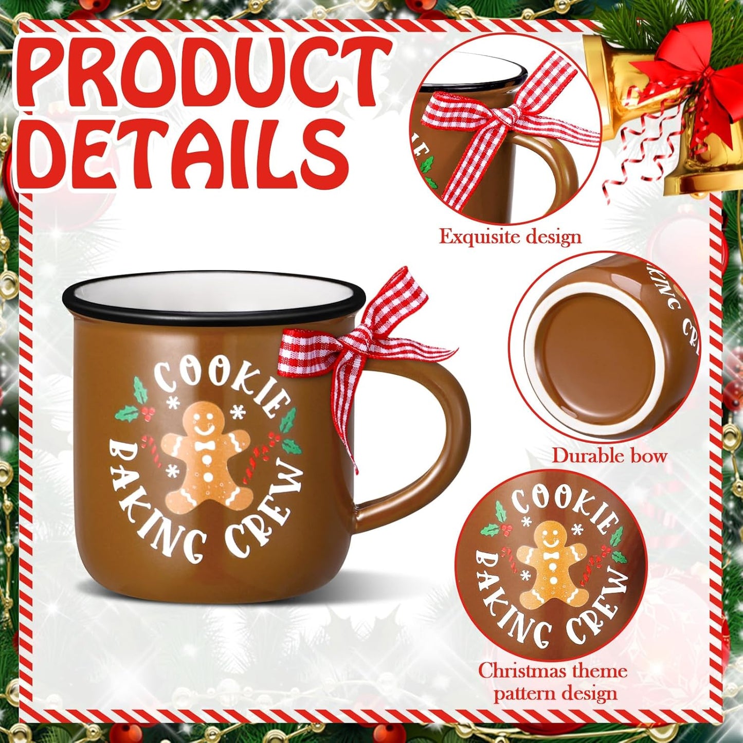 6 Pcs Christmas Mini Coffee Mugs Xmas Mini Coffee Cups Christmas Mugs with Ribbons for Home Tiered Tray Decor Xmas Winter Holiday Kitchen Bar Decorations Housewarming Gifts (Gingerbread Man)