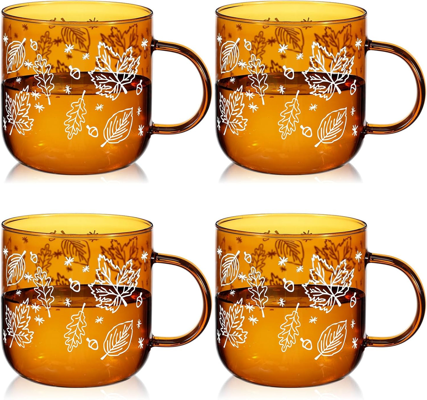 Meanplan 4 Pcs Fall Maple Leaf Mugs with Handle 12oz Amber Coffee Mugs Fall Espresso Glass Cups Amber Thanksgiving Cups for Thanksgiving Autumn Harvest Party Supplies