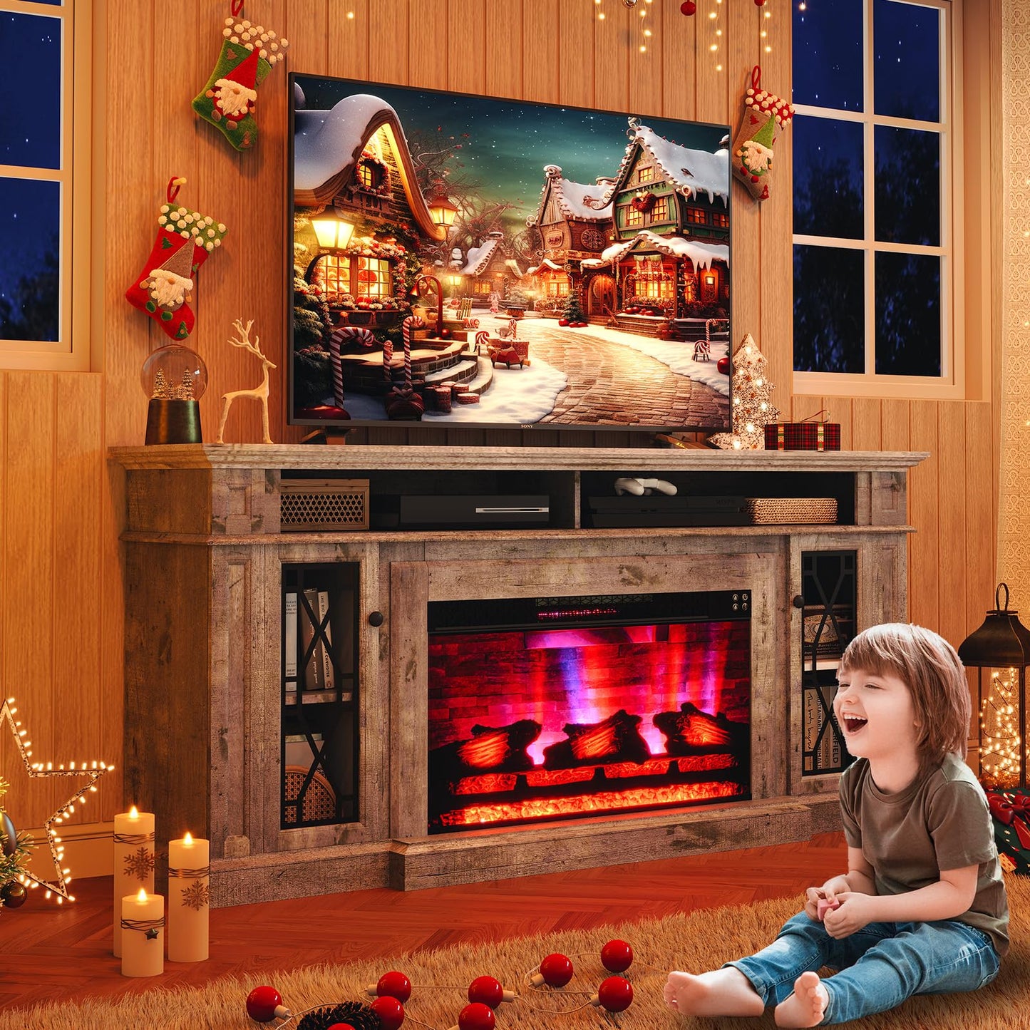 AMERLIFE 70" Farmhouse Heavy Fireplace TV Stand with 33" Electric Fireplace, for 80" TVs up, Media Entertainment Center with Diamond Door, TV Console Storage Cabinet for Living Room, White & Barnwood